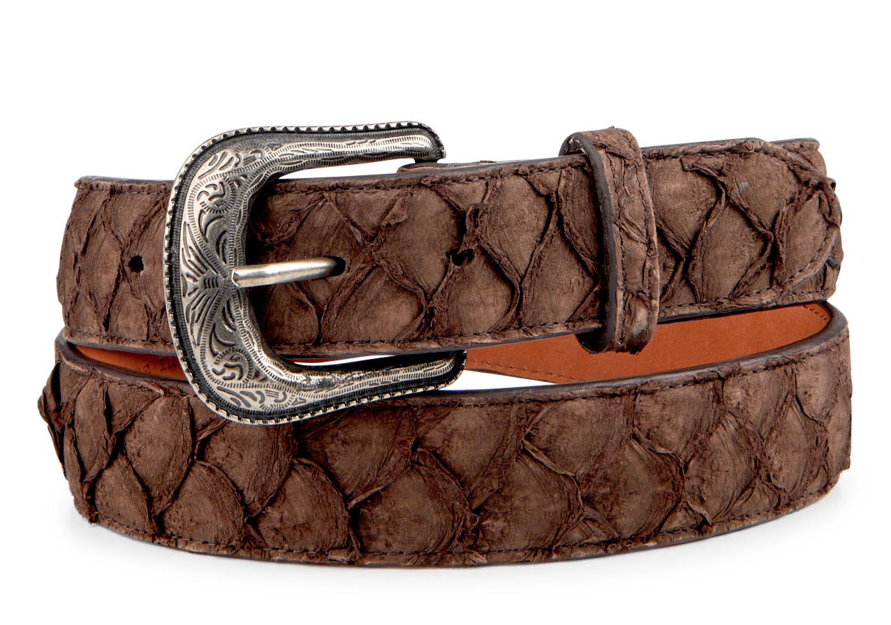 Cavender's Men's Chocolate Pirarucu Print Western Belt - Image 1