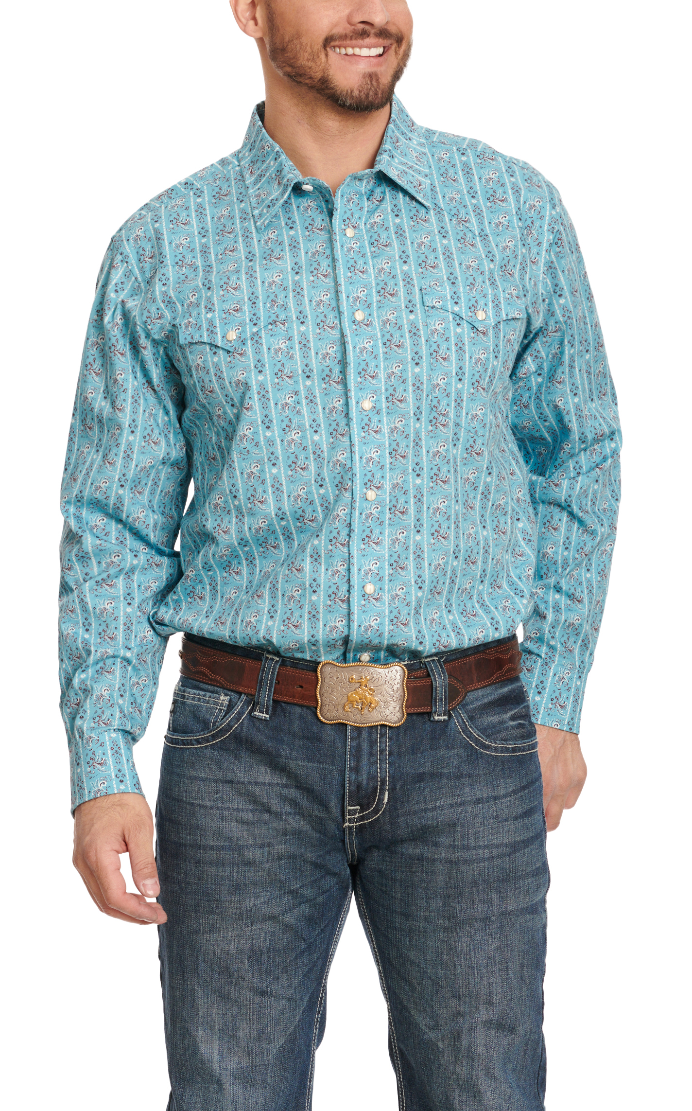 Panhandle Men's Cerulean Blue Wallpaper Print Western Shirt - Image 1