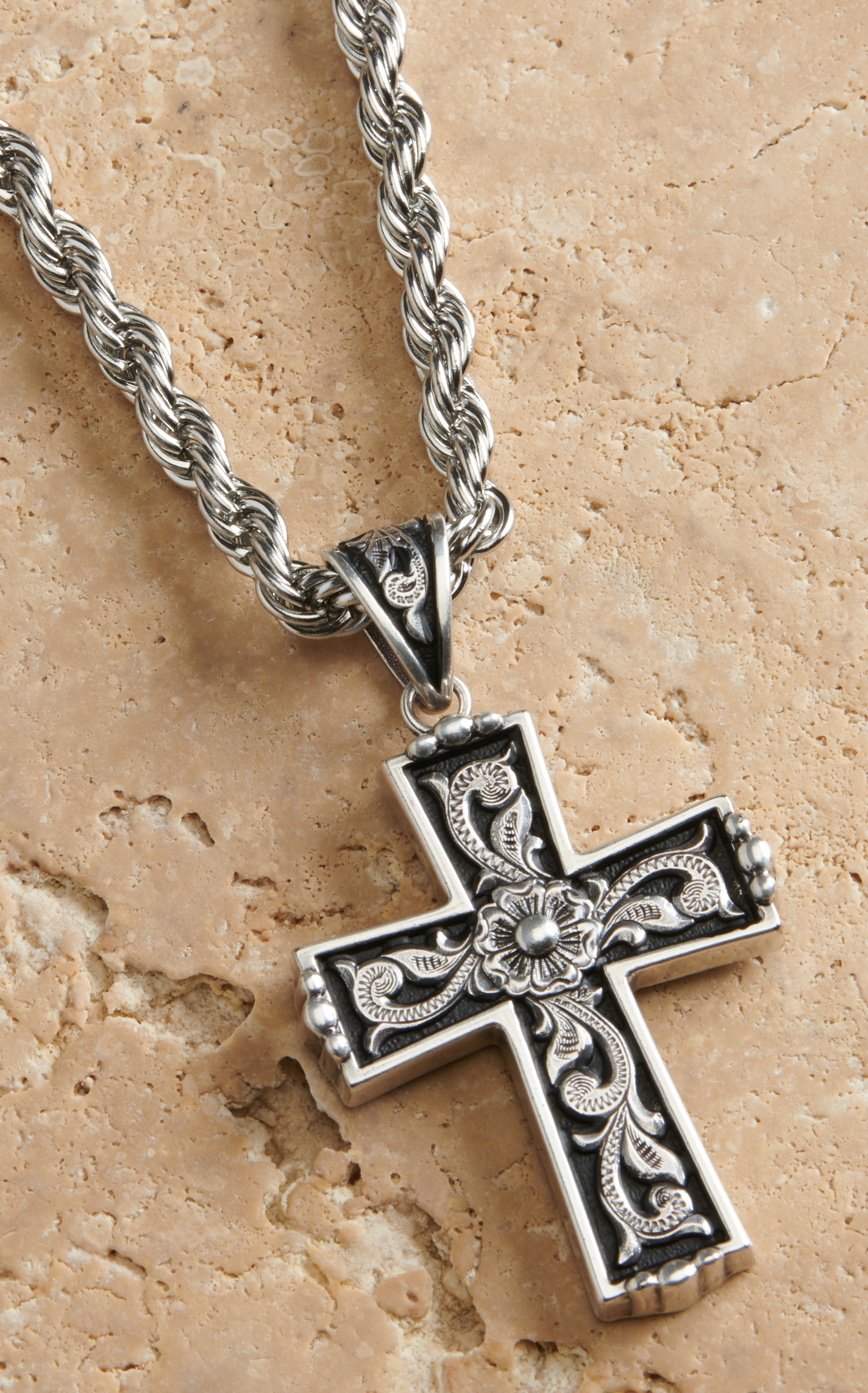 Twister Men's Silver with Floral Scroll Cross Necklace - Image 1