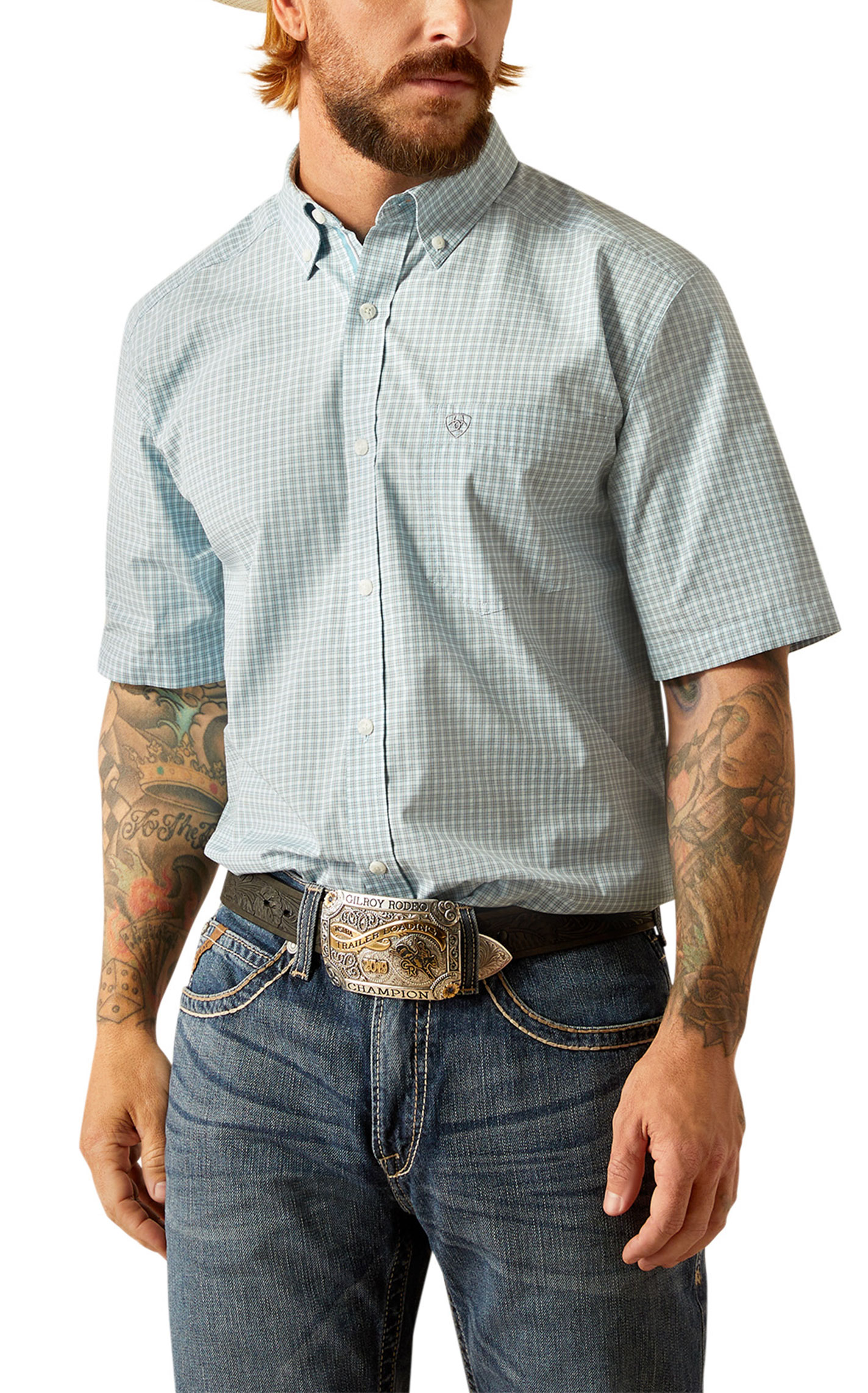 Ariat Pro Series Men's Glennie Turquoise & Gray Plaid Western Shirt - Image 1