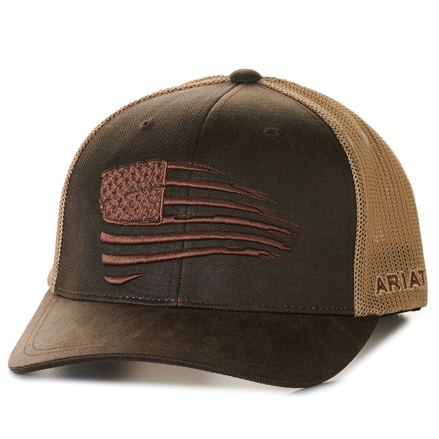 Ariat Men's Brown with Tan Mesh Embroidered Flag on Oilskin Cap - Image 1