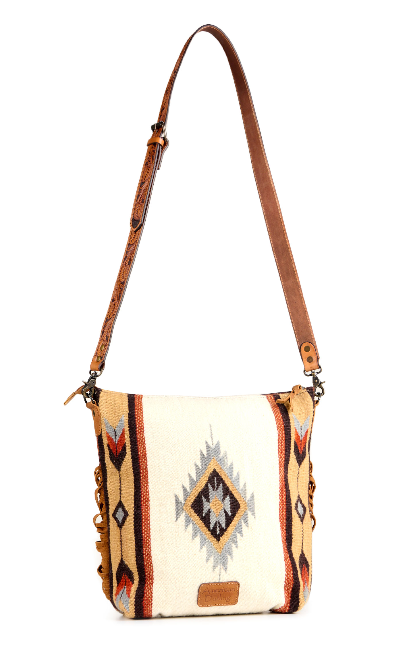 American Darling Colorful Fringed Aztec Blanket & Tooled Western Handbag - Image 1
