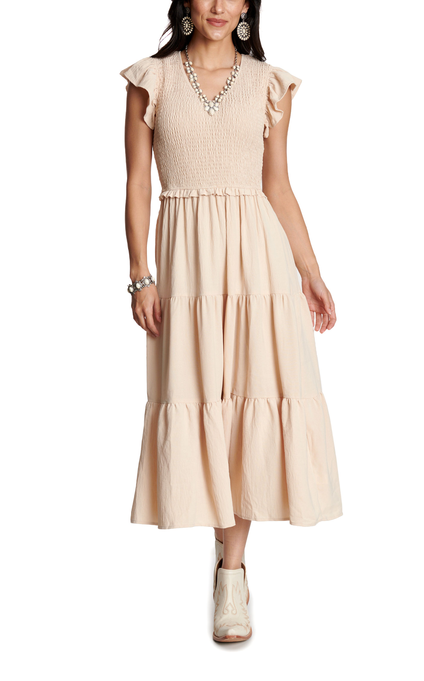 Yura Women’s Taupe Solid Smocked Tiered Midi Dress - Image 1
