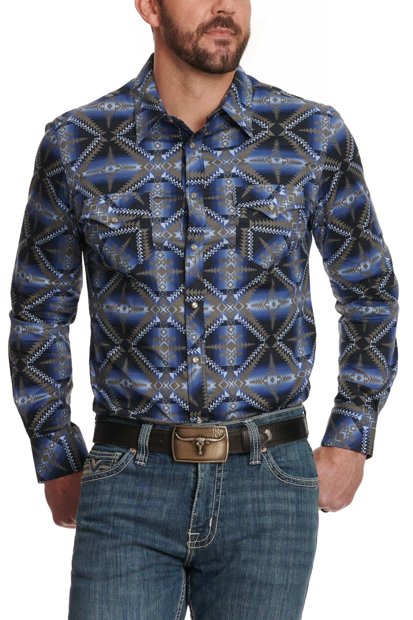 Rock & Roll Denim Men's Cement Navy & Blue Aztec Print Western Shirt - Image 1