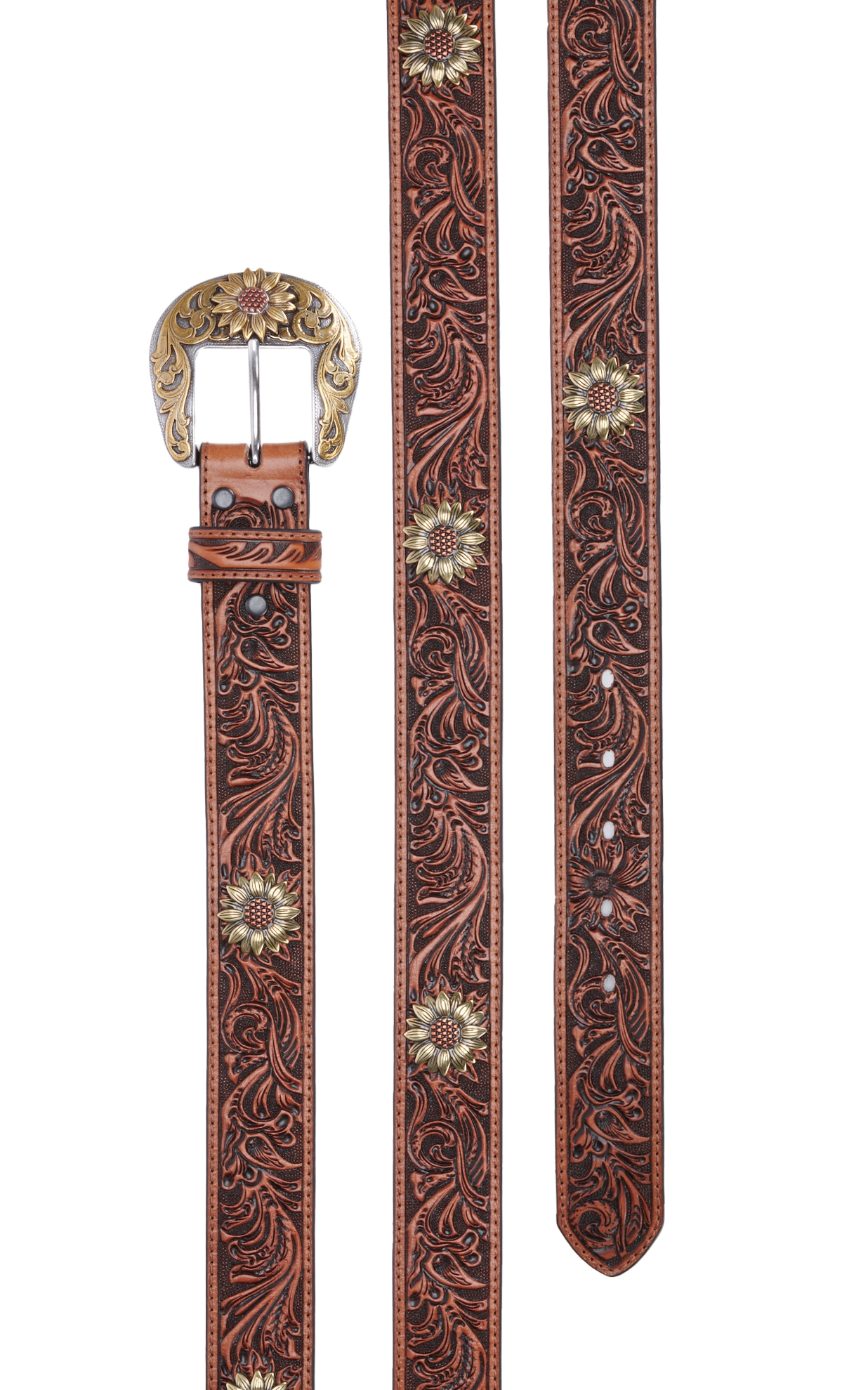 Ariat Women's Brown Tooled with Sunflower Concho Leather Belt - Image 1