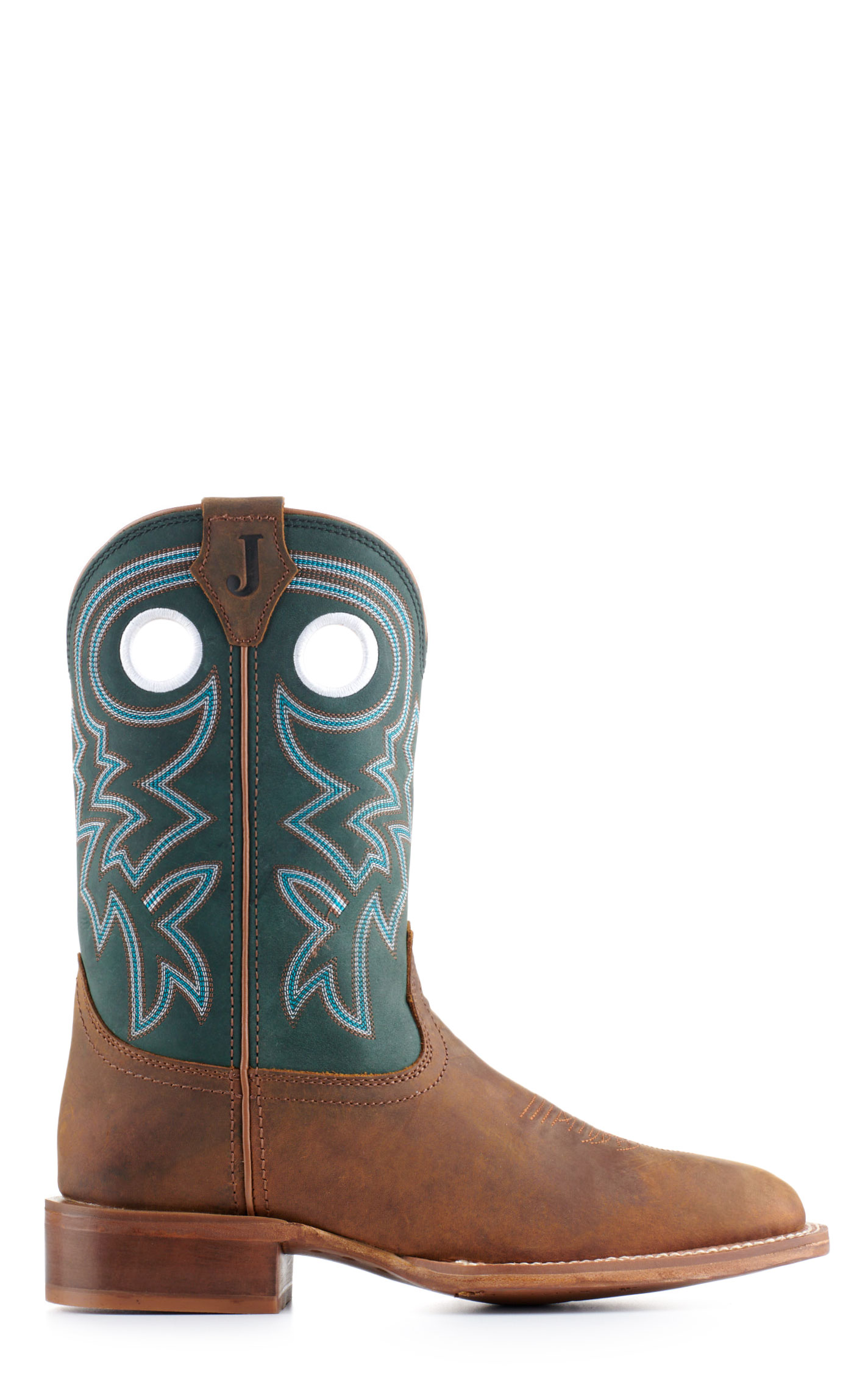 Justin Men's Frontier Tuf Brown and Green Wide Square Toe Cowboy Boots - Image 1