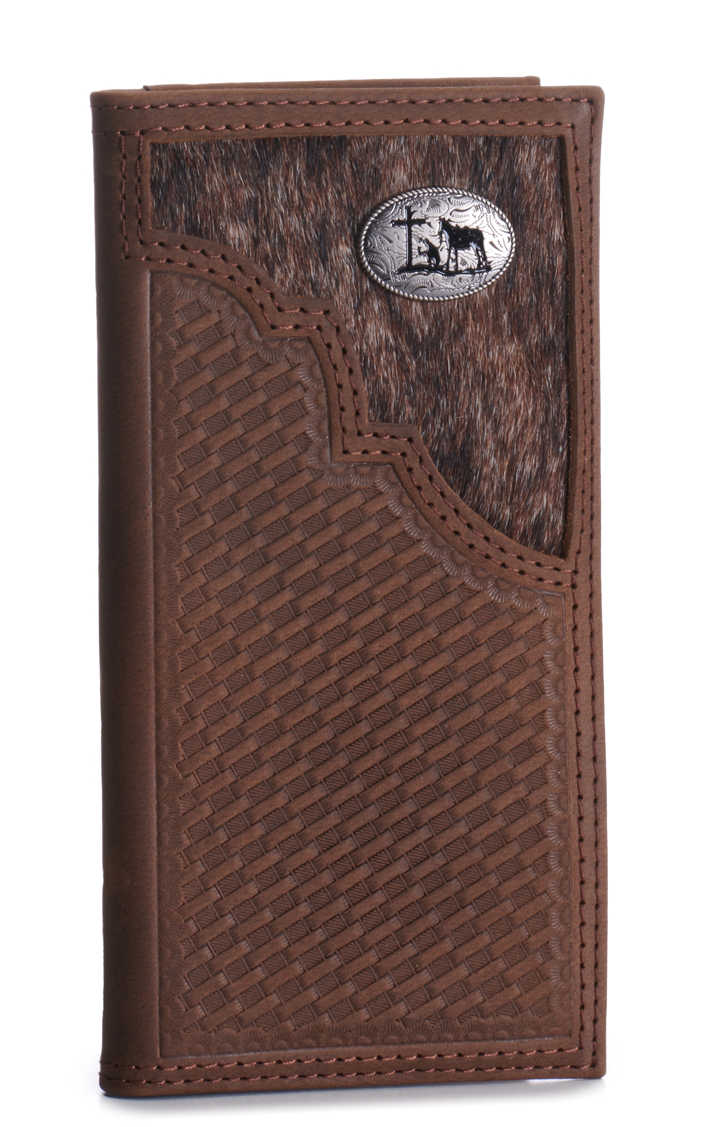 Justin Brown Basketweave and Hair on Hide with Praying Cowboy Concho Rodeo Wallet / Checkbook Cover - Image 1