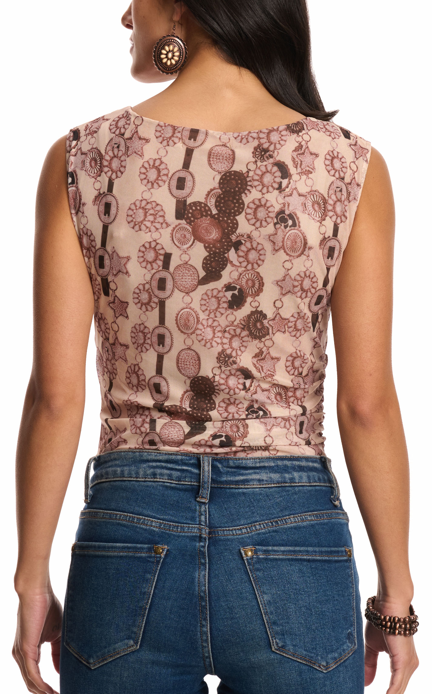 Southern Grace Women's Peachy Concho Belt Print Mesh Bodysuit - Image 1