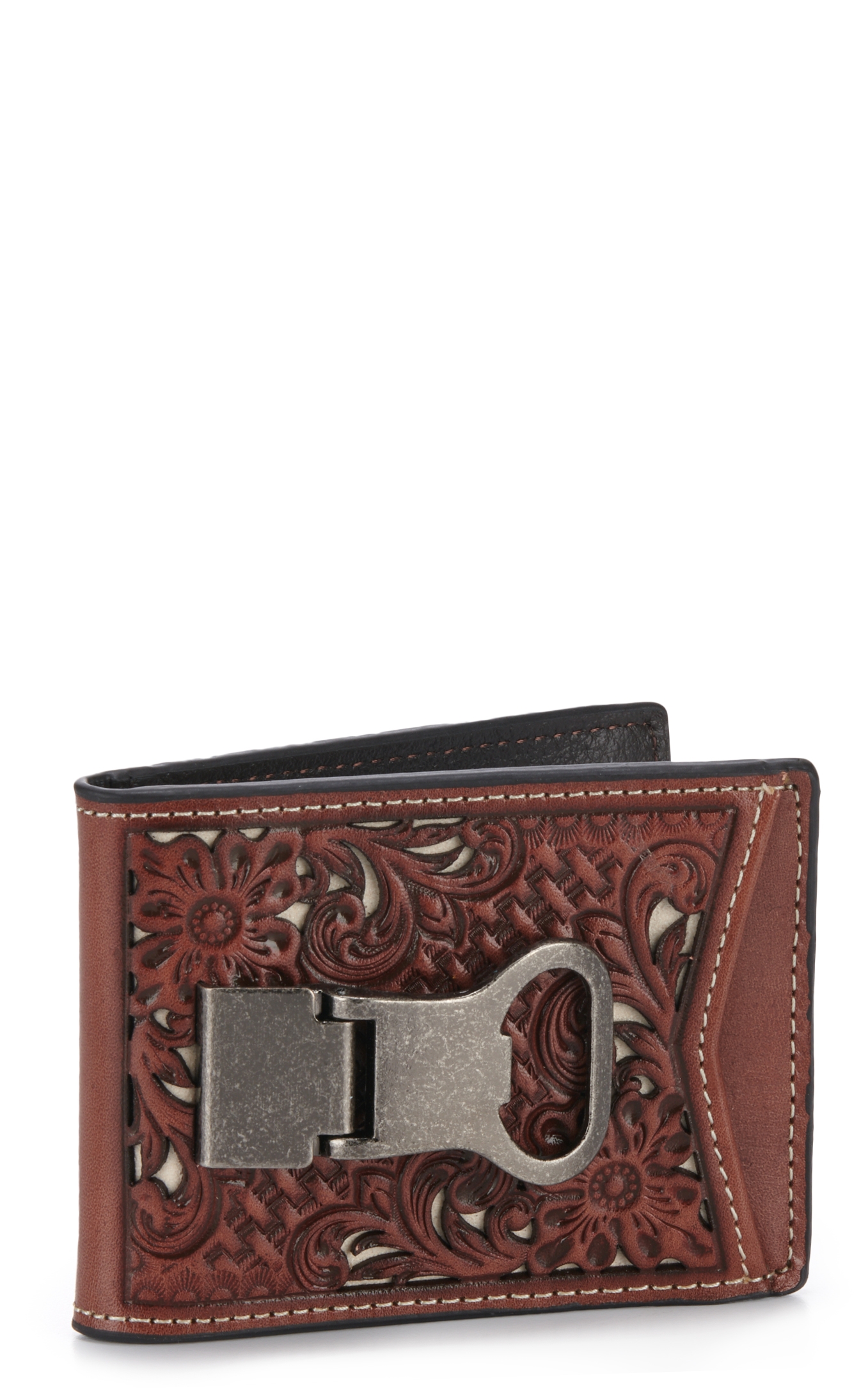 Nocona Brown Tooled with Ivory Inlay Bottle Opener Money Clip Wallet - Image 1