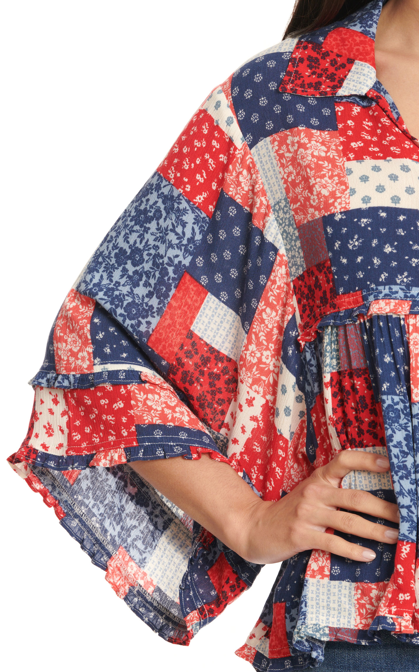 Rockin' C Women's Red, White and Blue Patchwork Top - Image 1