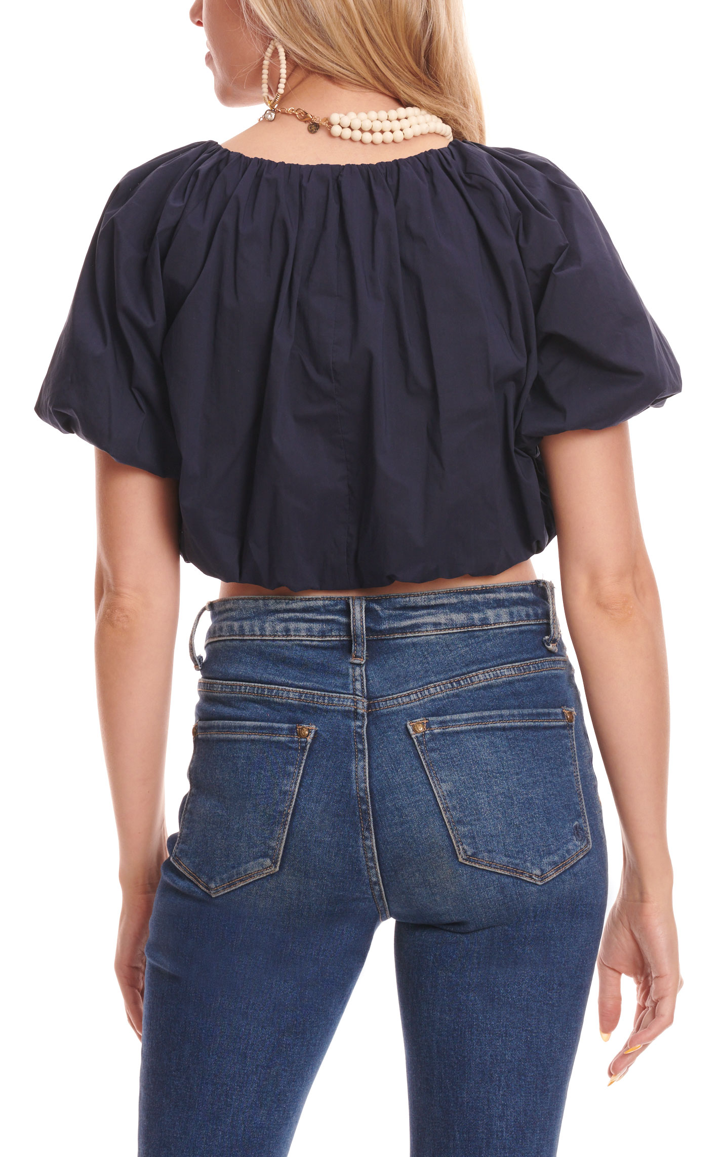 Day & Moon Women's Navy Gathered & Puffed Short Sleeve Crop Top - Image 1