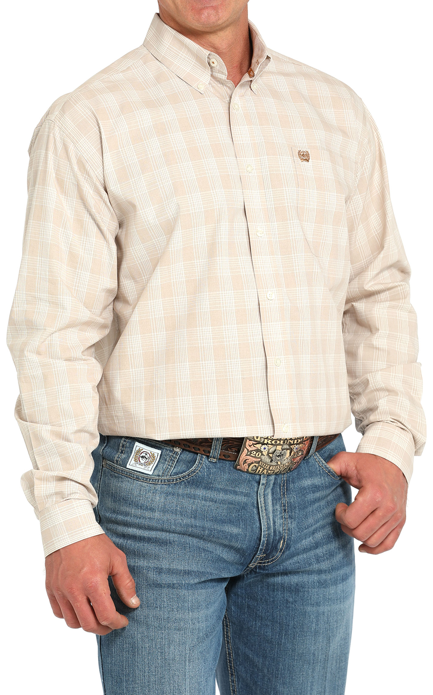 Cinch Men's Khaki Plaid Button Down Short Sleeve Shirt - Image 1