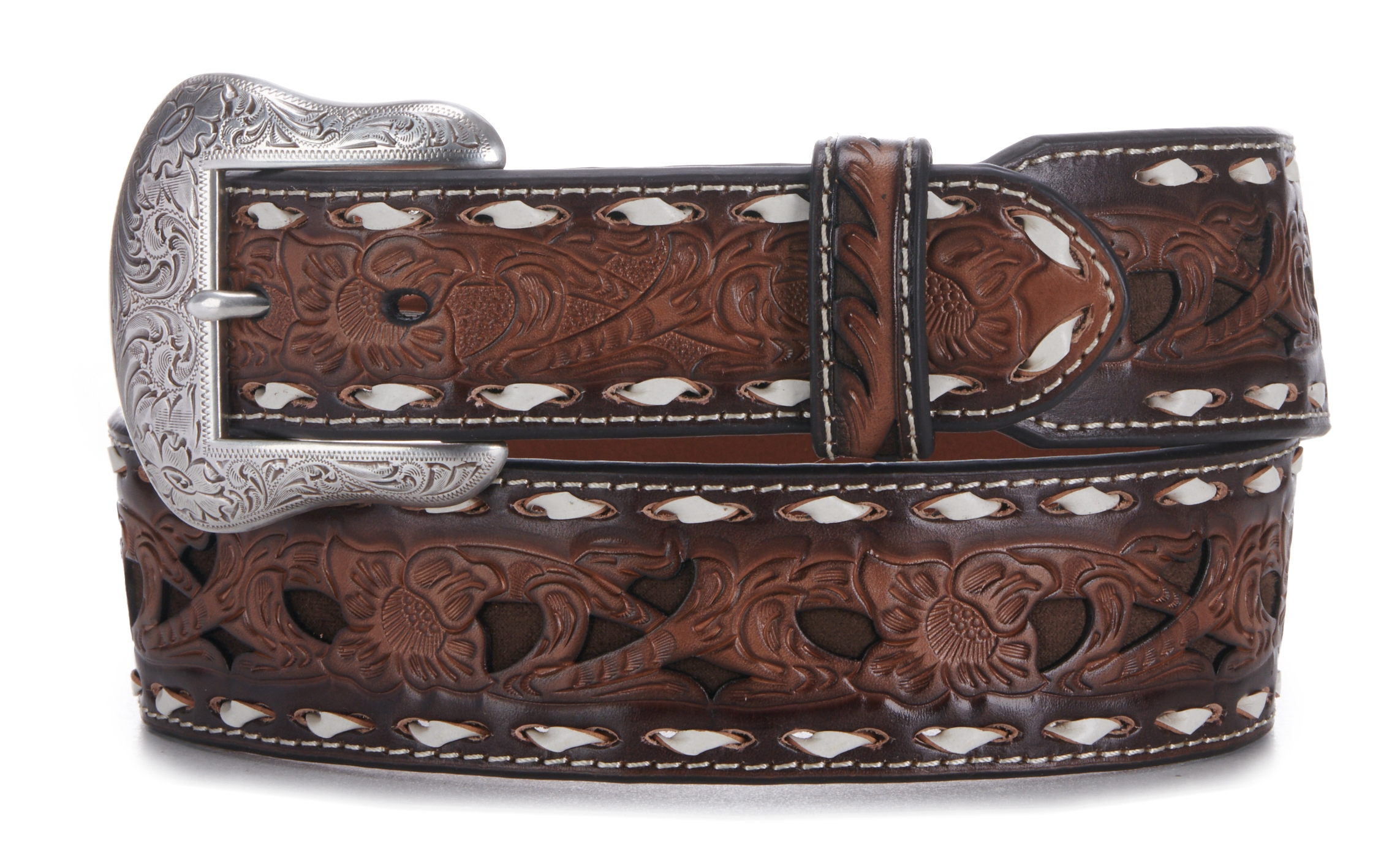 Cavender's Men's Brown with Chocolate Inlay and White Lace Western Belt - Image 1