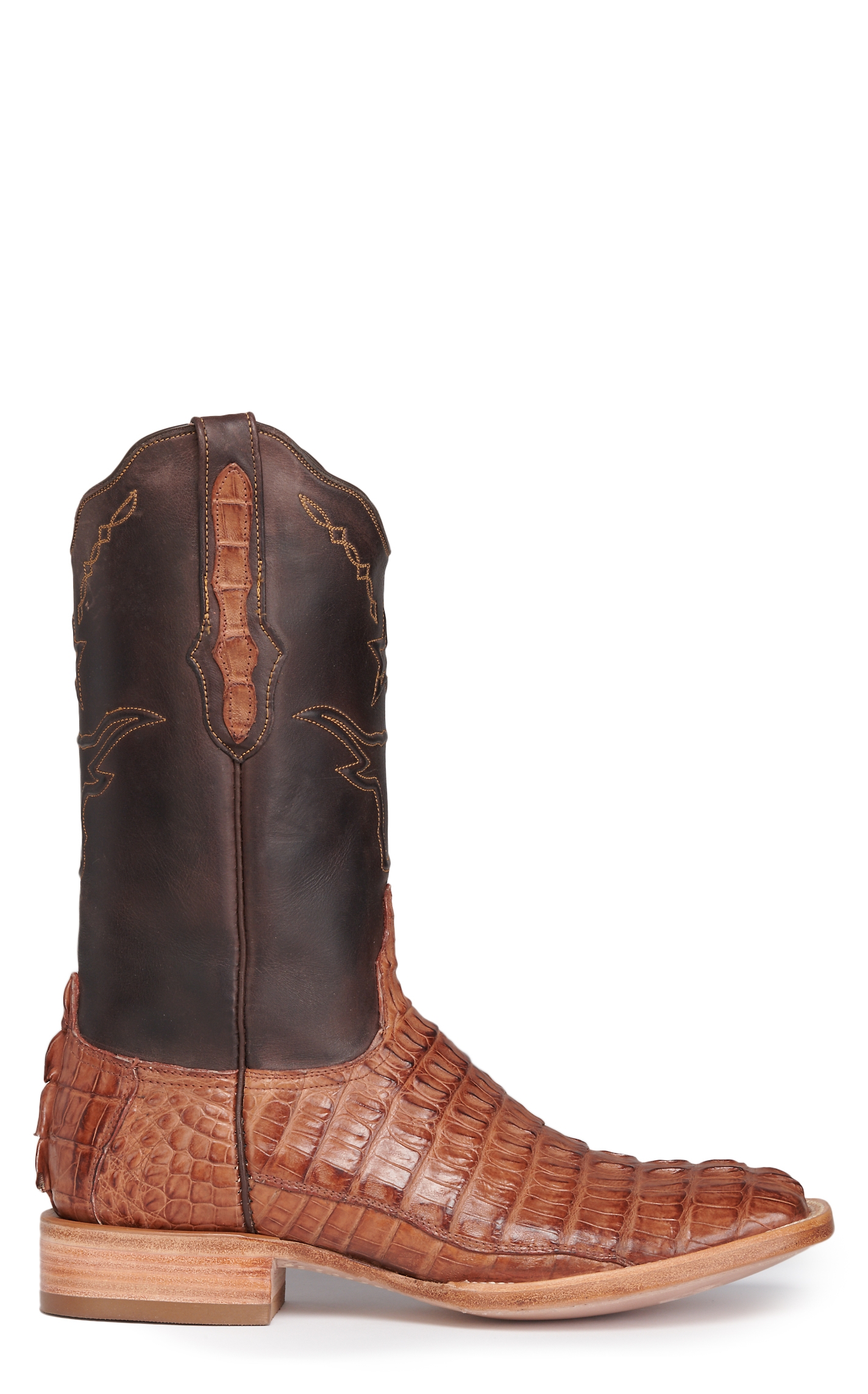 Black Jack Men's Chocolate and Cigar Caiman Tail Steer and Star Wide Square Toe Exotic Cowboy Boots - Image 1