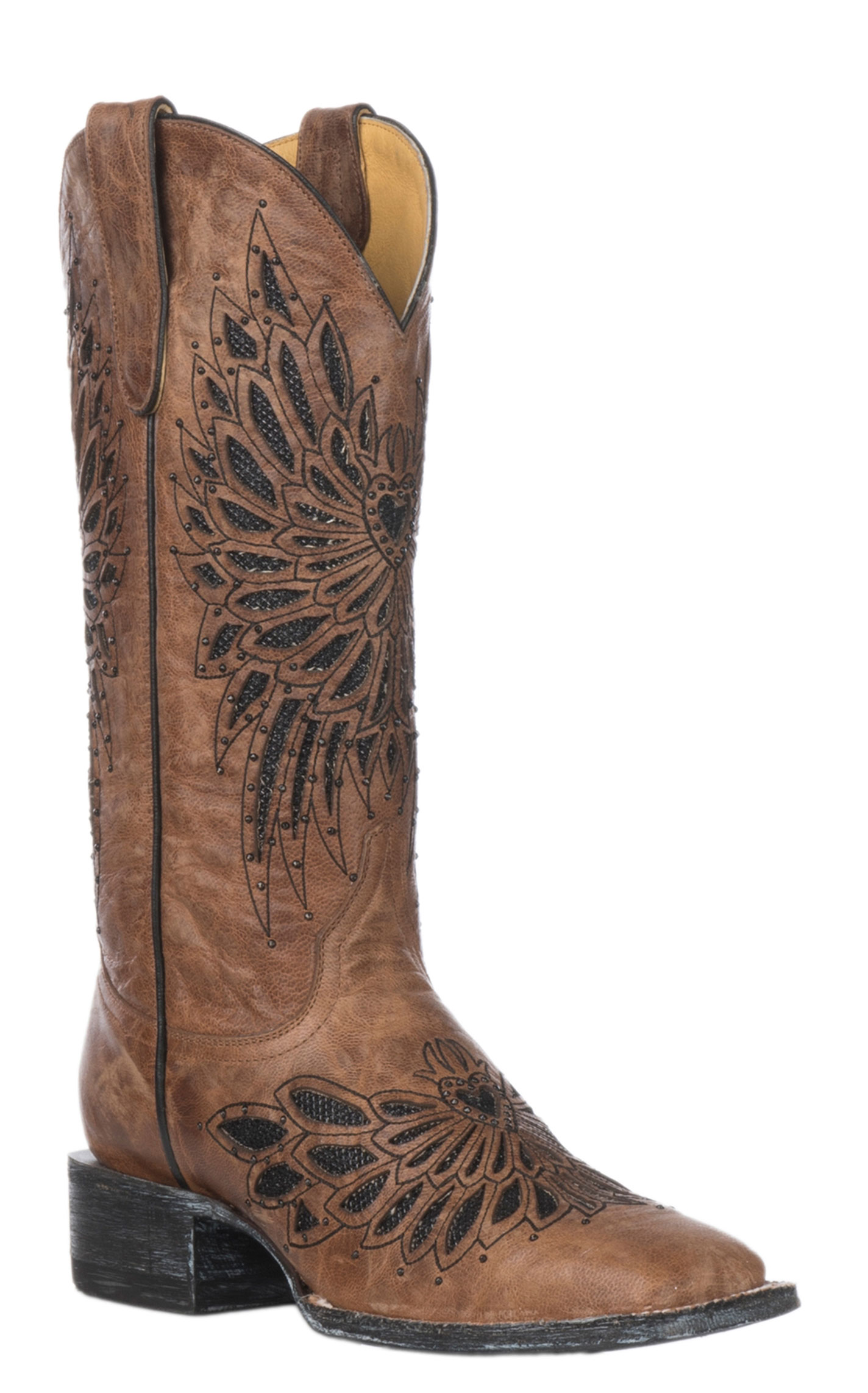 Cavender's Women's Brass with Black Crystals Fabric Inlay Square Toe Cowboy Boots - Image 1
