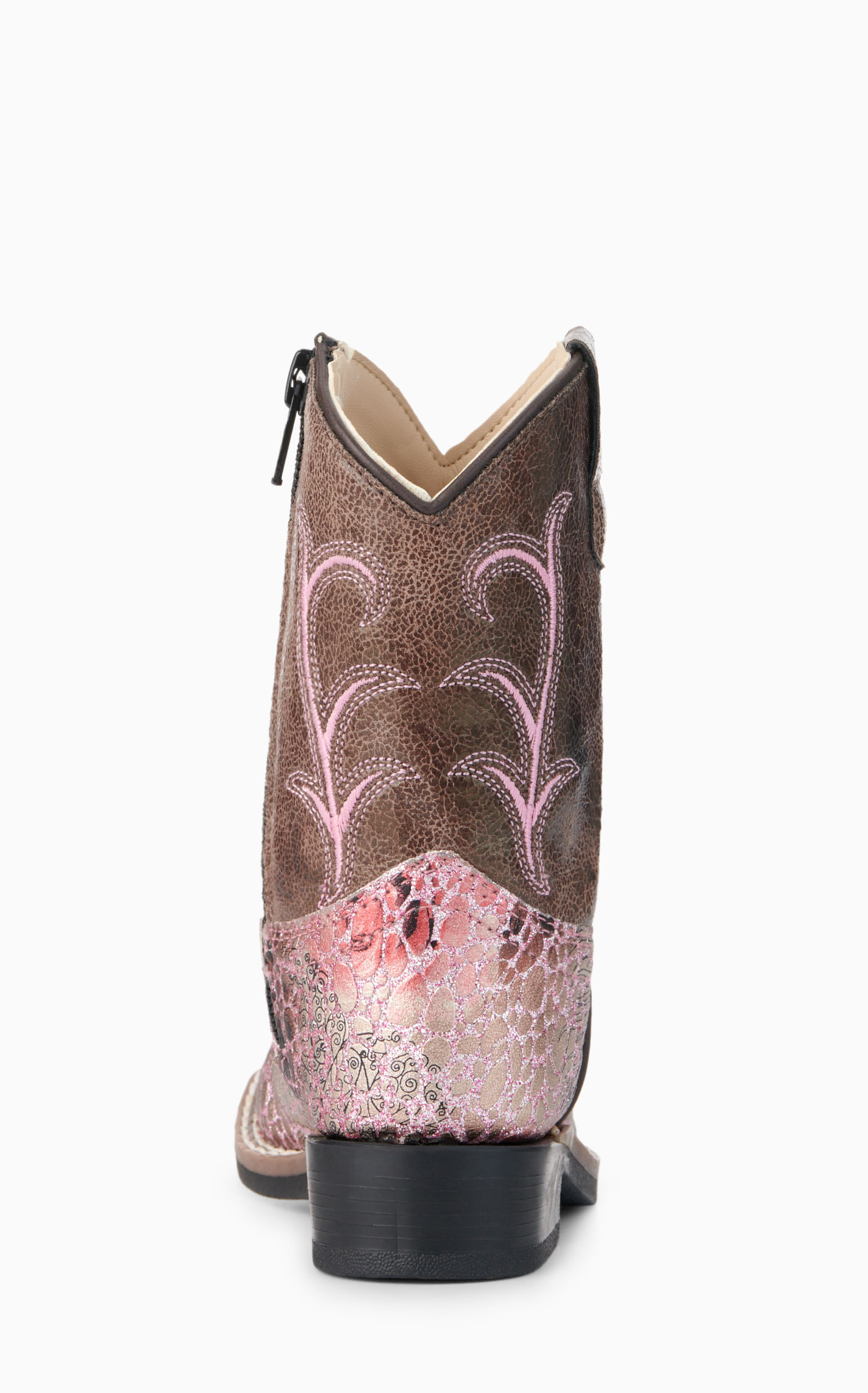 Old West Toddler Brown and Crackle Antique Pink Square Toe Cowboy Boots - Image 1