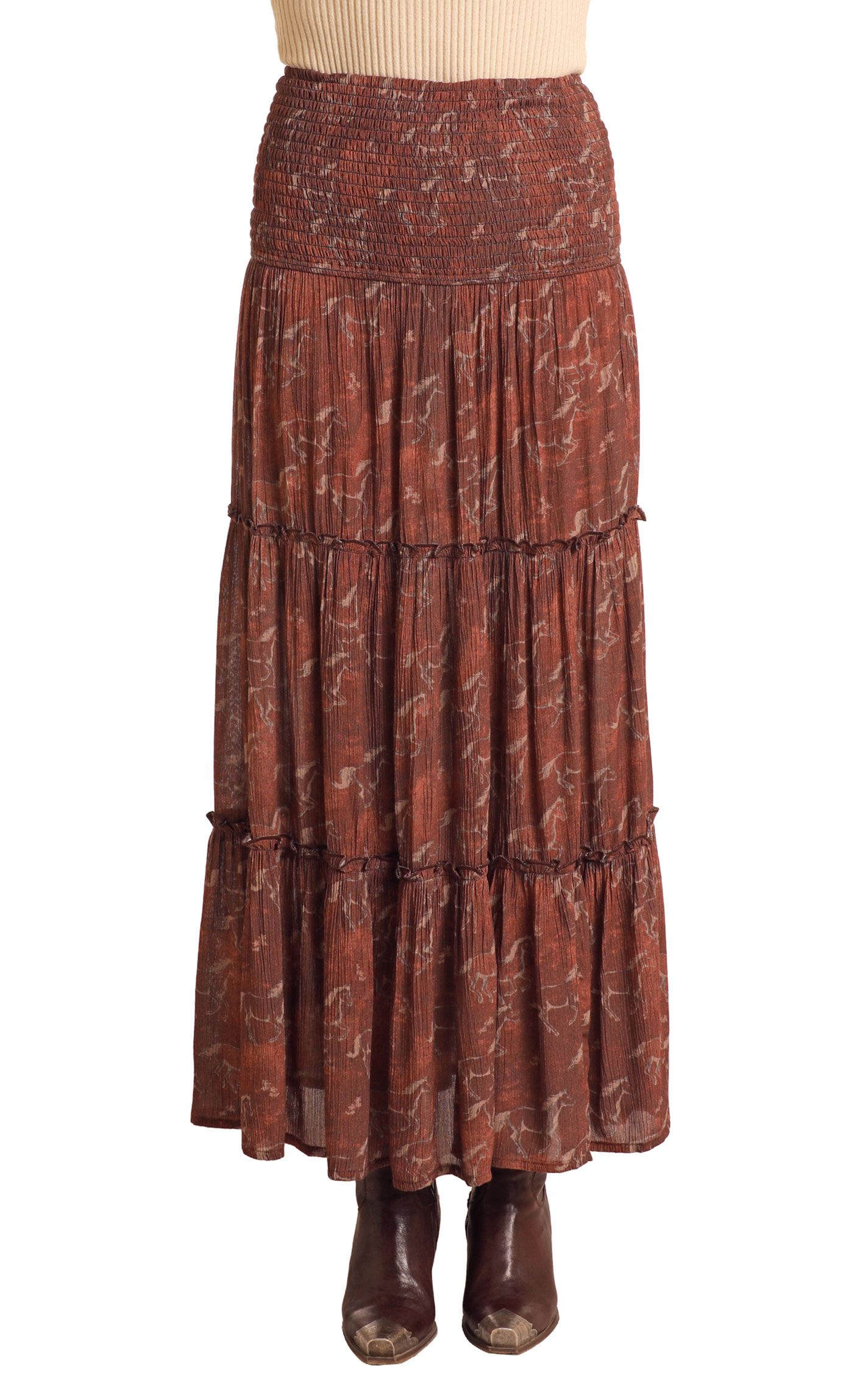 Rock & Roll Denim Women's Brown Tiered Horse Print Maxi Skirt - Image 1