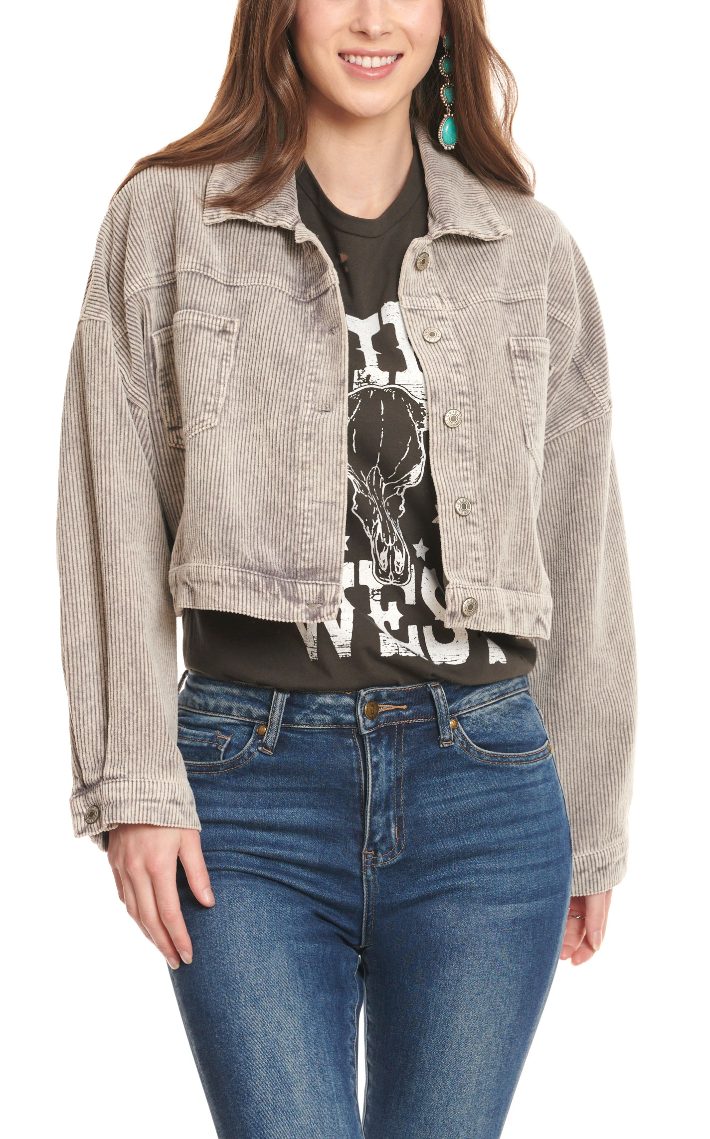 Blue B Women's Light Gray Rhinestone Fringed Cropped Corduroy Jacket - Image 1