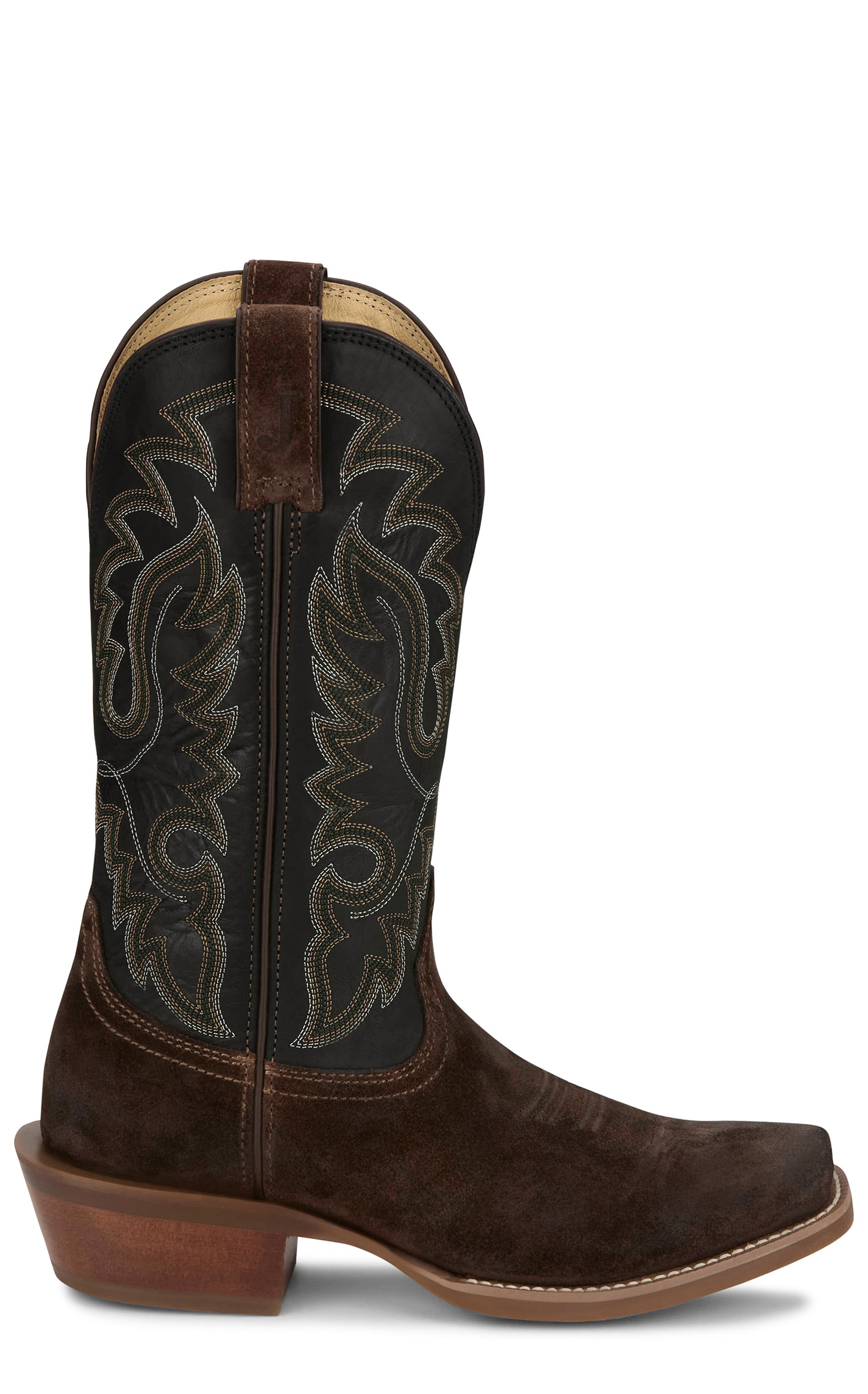 Justin Men’s Frontier Brown Suede & Black Goat Punchy Toe Cowboy Boots - Image 1