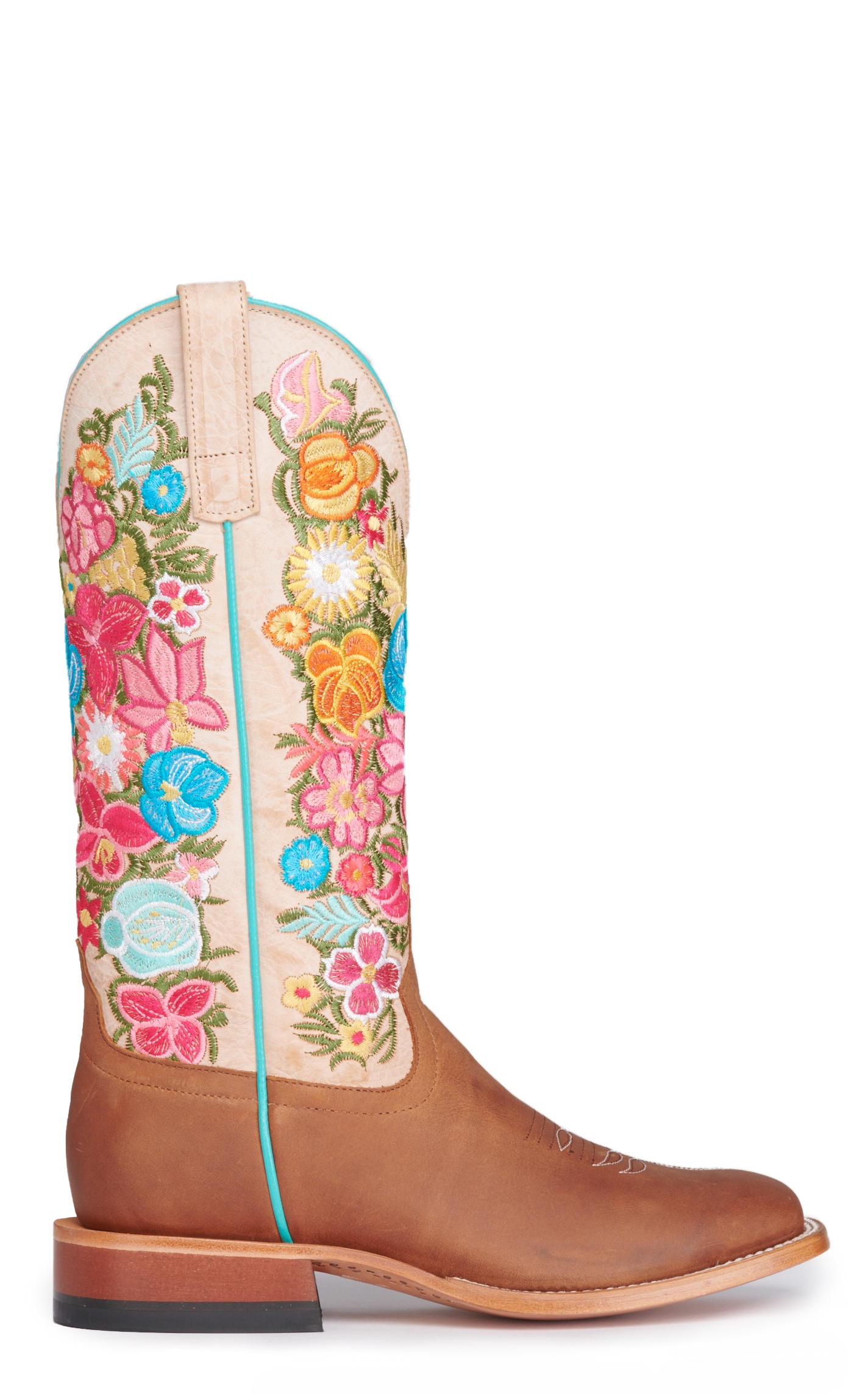Anderson Bean Women's Macie Bean Cognac and Bone with Floral Embroidery Wide Square Toe Cowboy Boots - Image 1