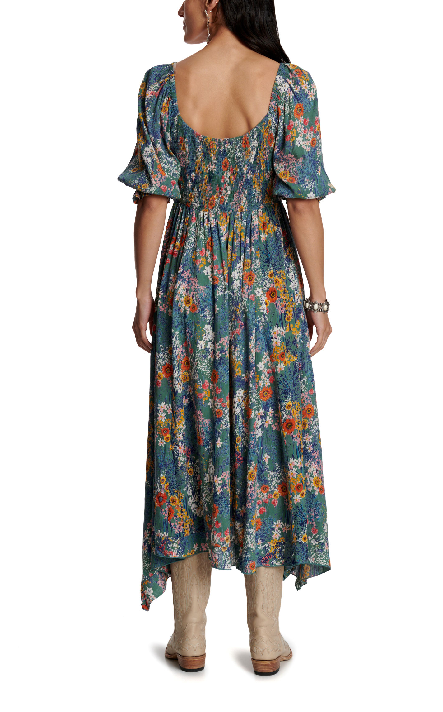 Rockin C Women's Blue Multicolor Floral Handkerchief Hem Smocked Dress - Image 2