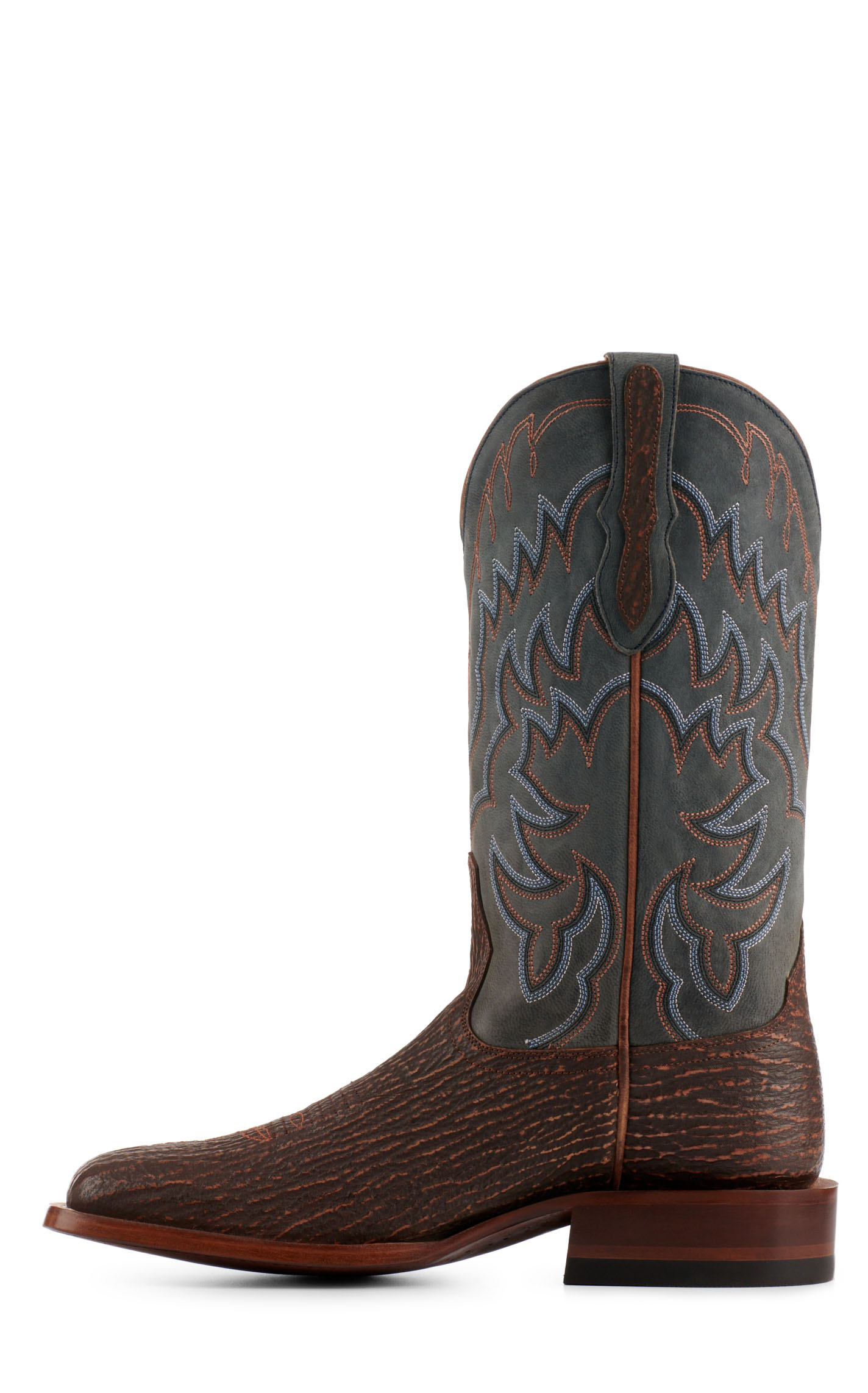 Cavender’s Men’s Rustic Brown Shark and Blue Goat Wide Square Toe Cowboy Boots - Image 1