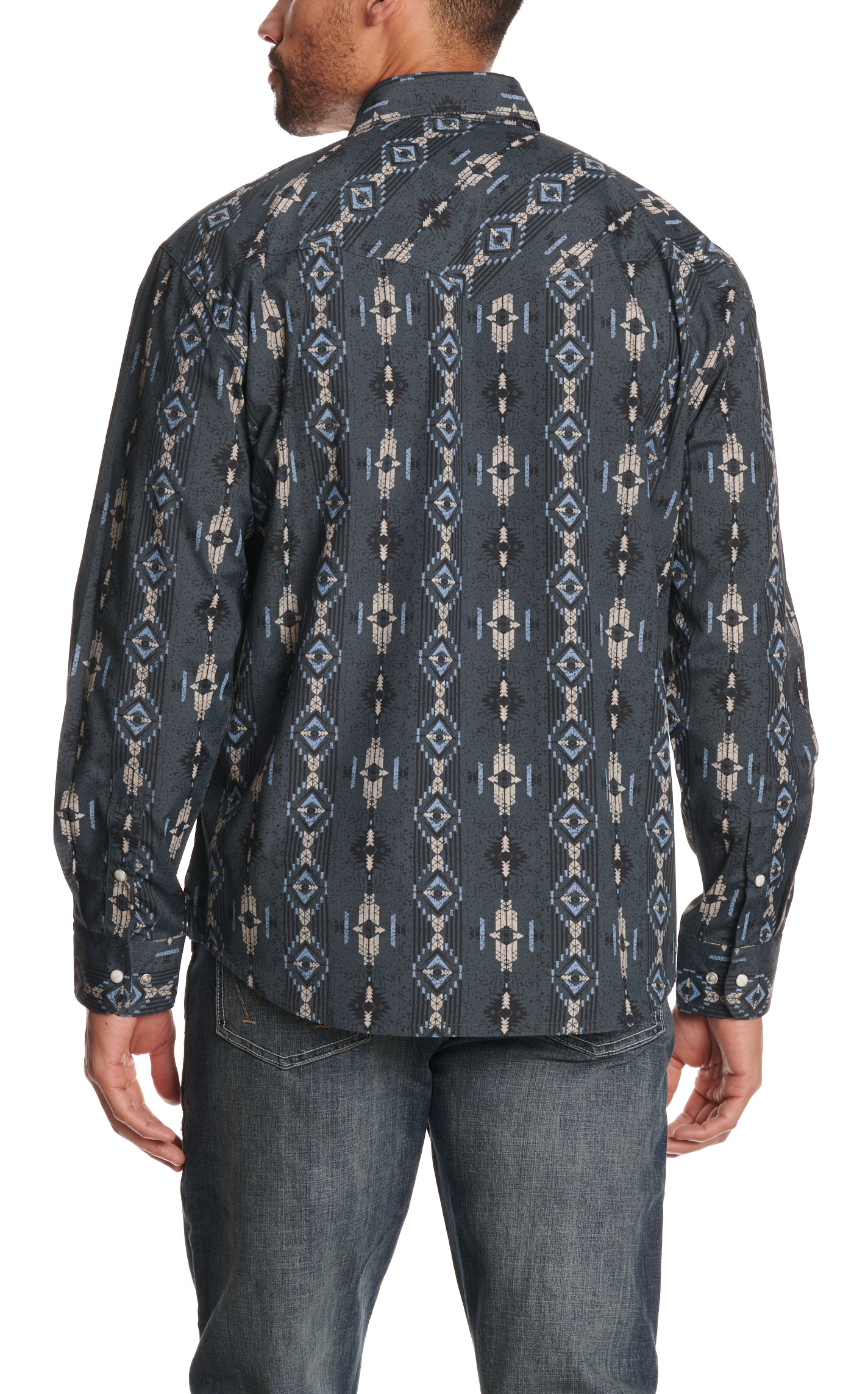 Rafter C Red Dirt Men's Gray & Blue Aztec Print Western Shirt - Image 3