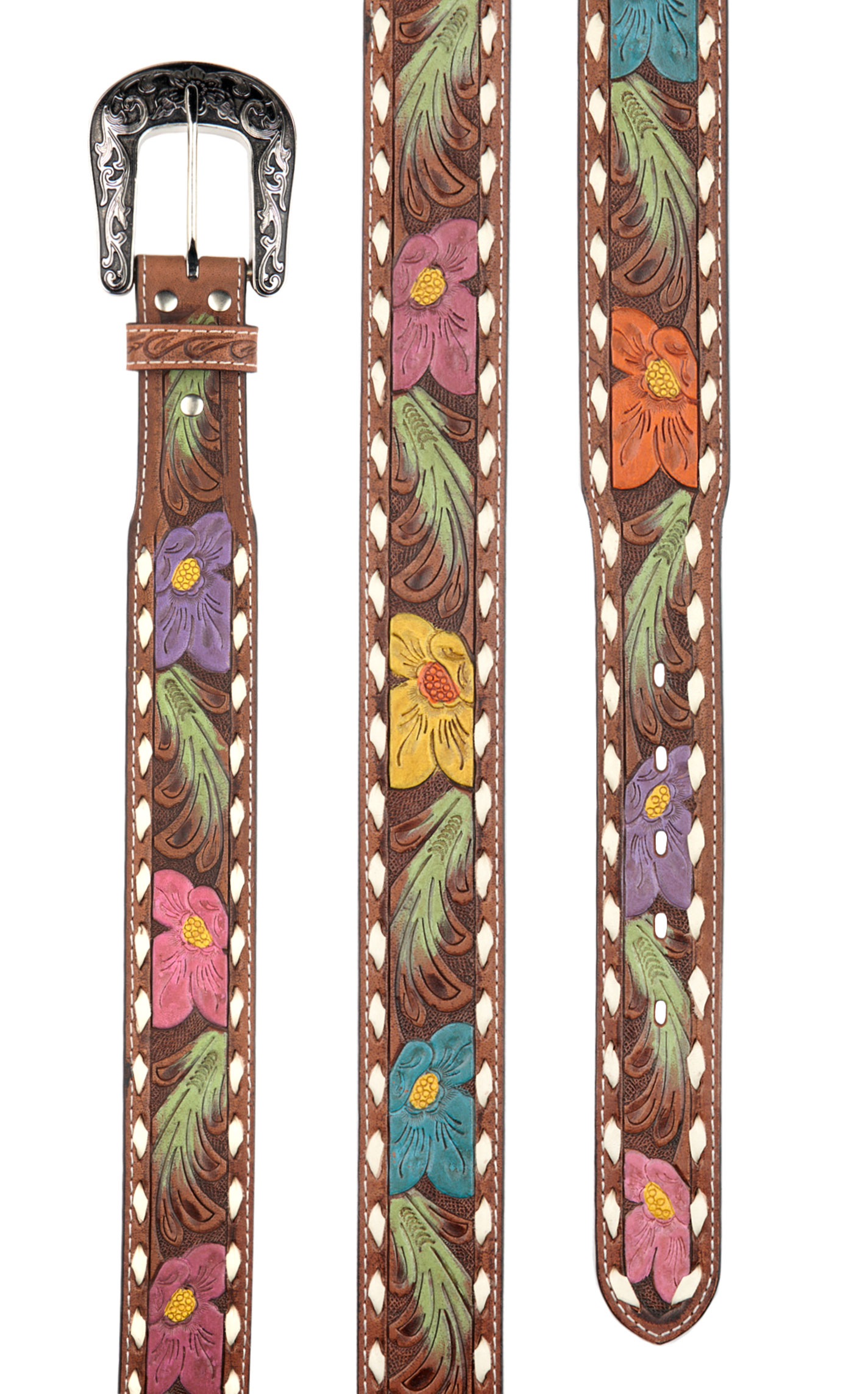 Nocona Women's Leather Tooled Colorful Painted Flower Western Belt - Image 1