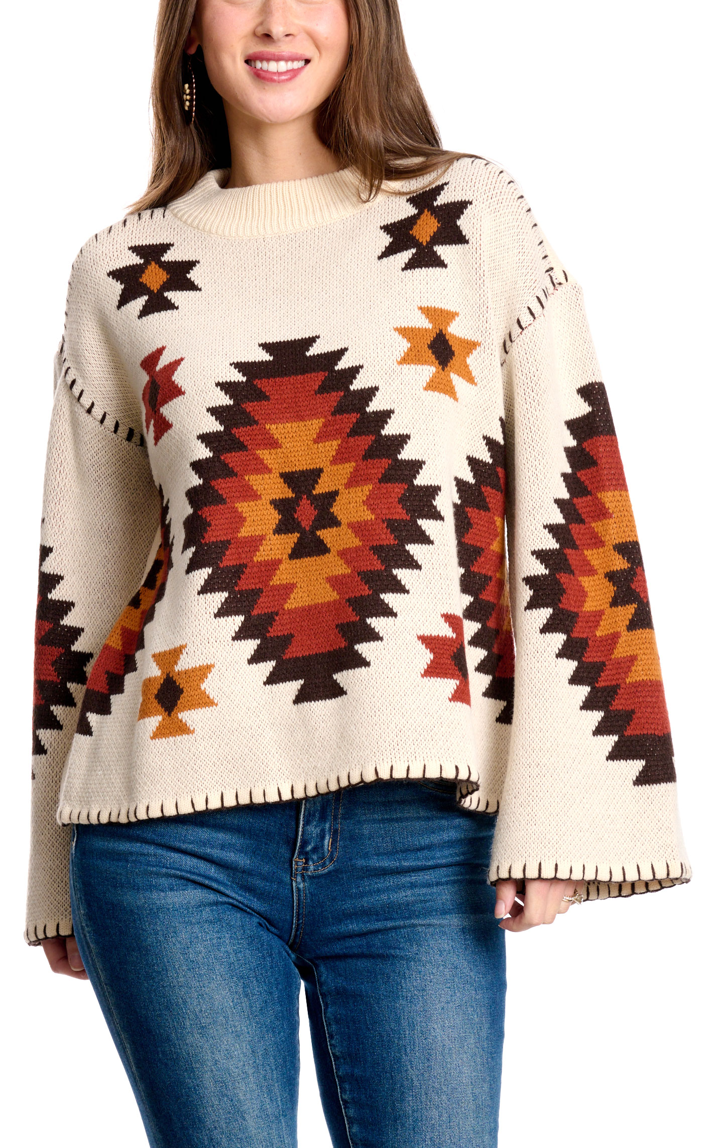 Rockin C Women's Oatmeal & Sunset Aztec Whipstitch Sweater - Image 1