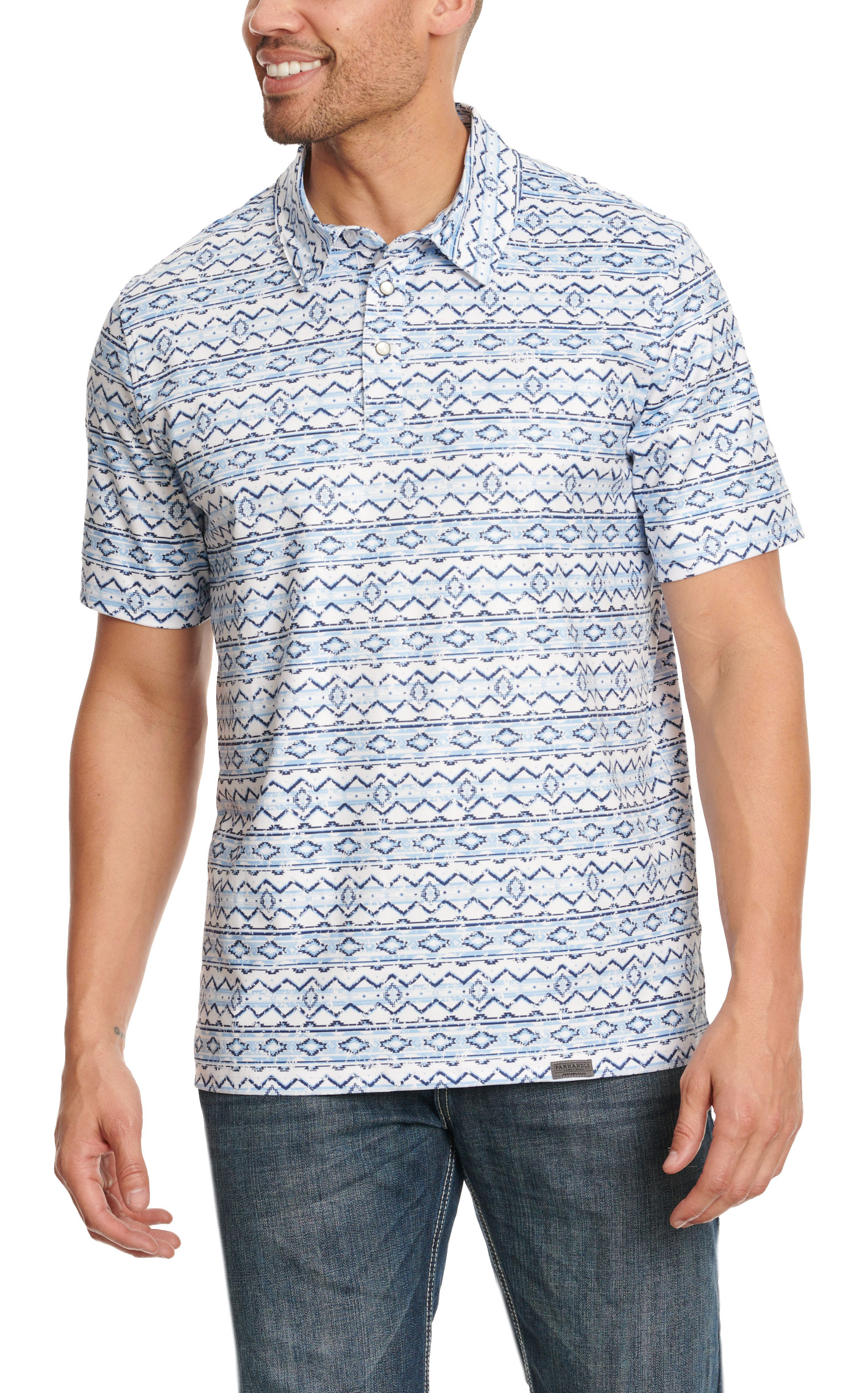 Panhandle Men's White Navy & Light Blue Aztec Print Short Sleeve Polo Shirt - Image 1