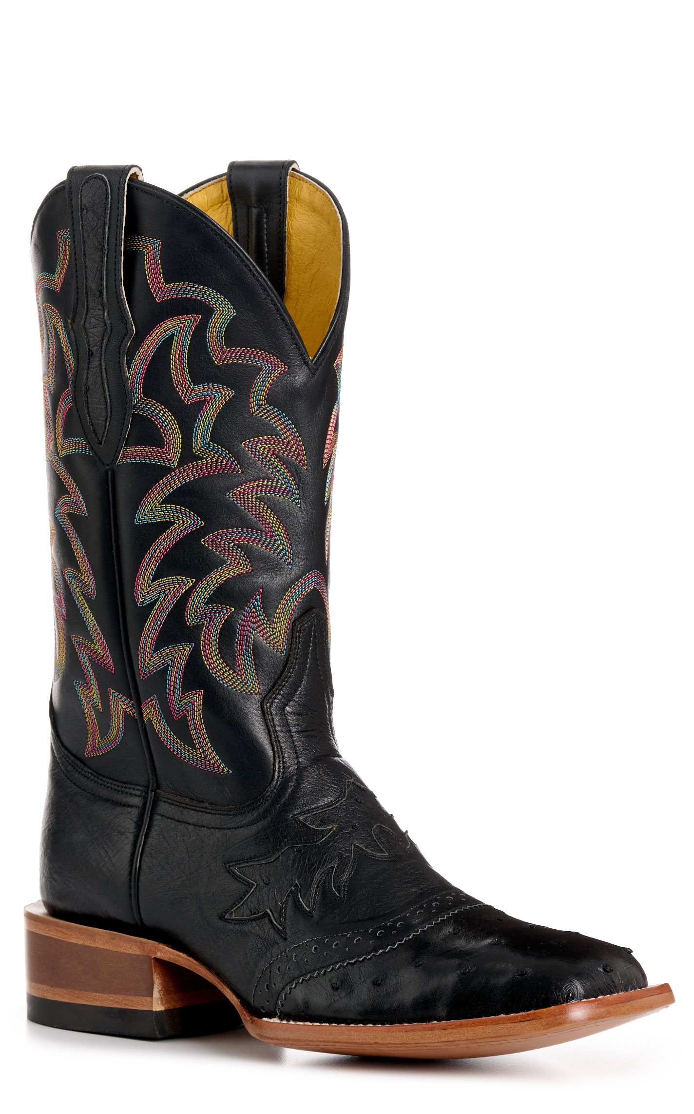 Cavender's Women's Black Ostrich Colorful Stitch Wide Square Toe Cowboy Boots - Image 1