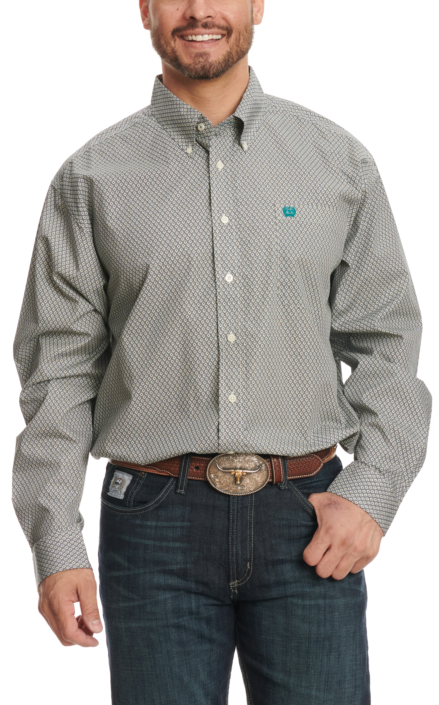 Cinch Men's Teal & Black Geo Print Western Shirt - Image 1