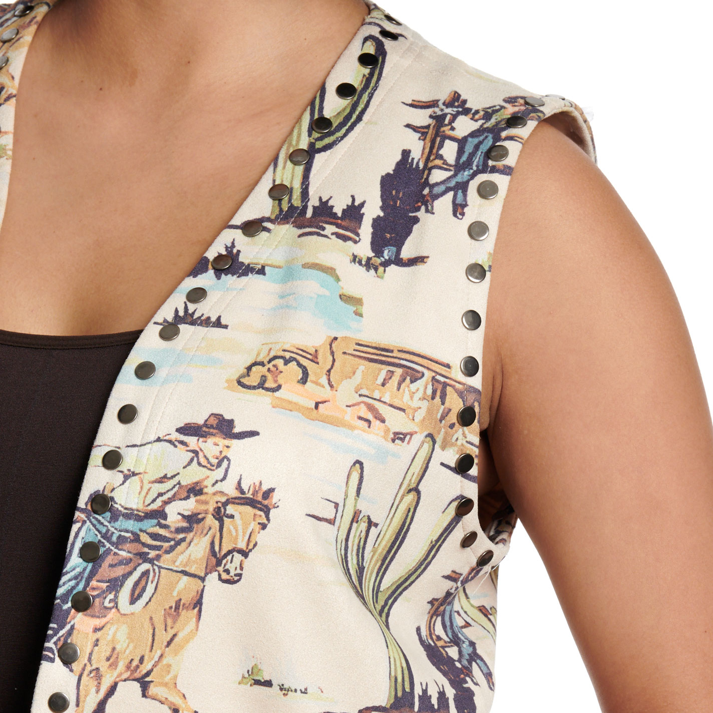 Fashion Express Women's Beige Western Print Fringe Vest - Image 1