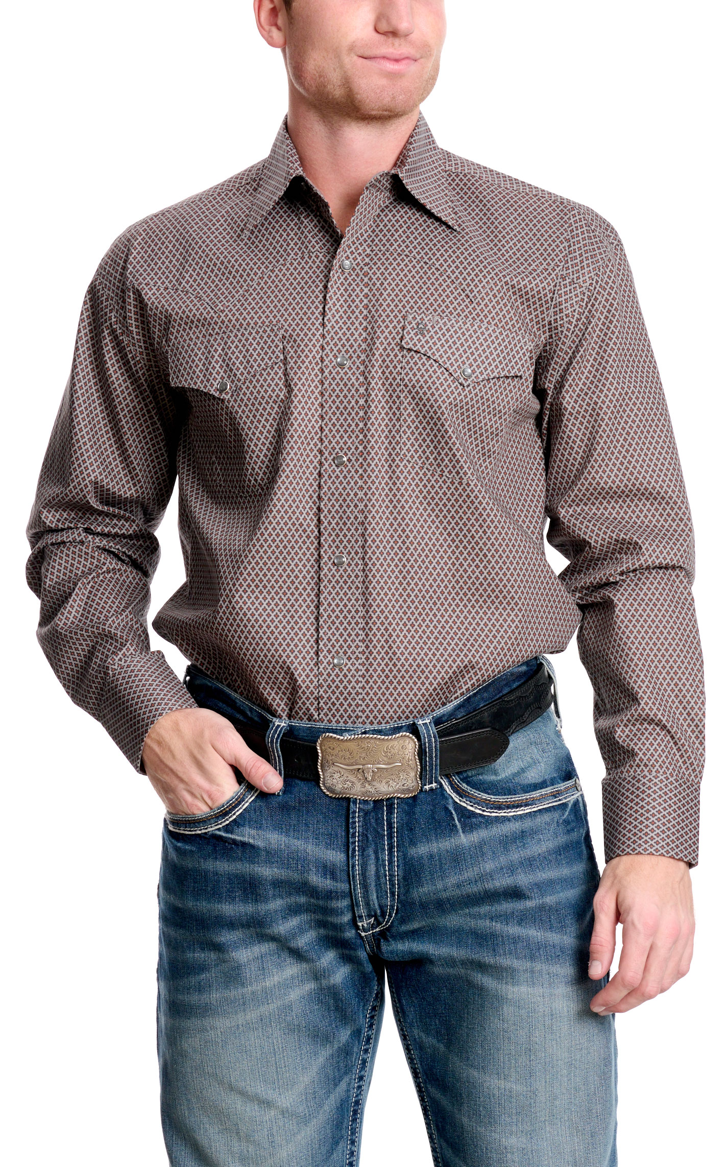 Stetson Men's Charcoal & Tangerine Geo Print Western Shirt - Image 1