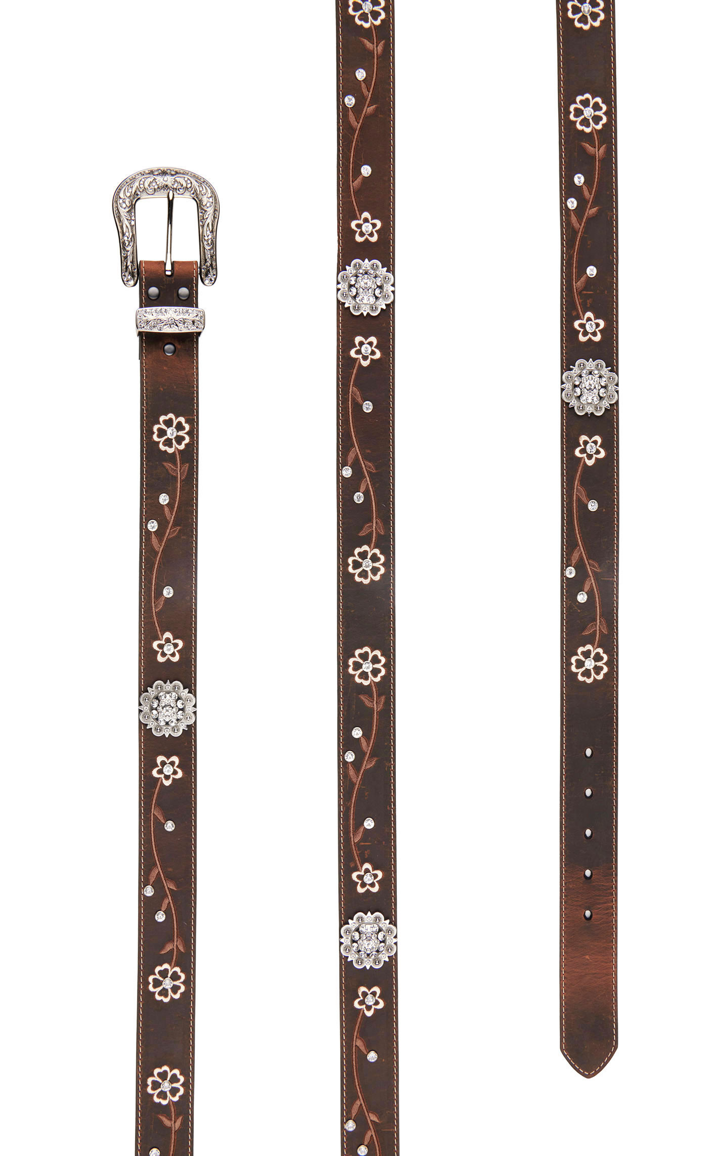 Ariat Distressed Brown with Embroidered Scrolling Flowers & Crystals Women's Scalloped Belt A1510202 - Image 1