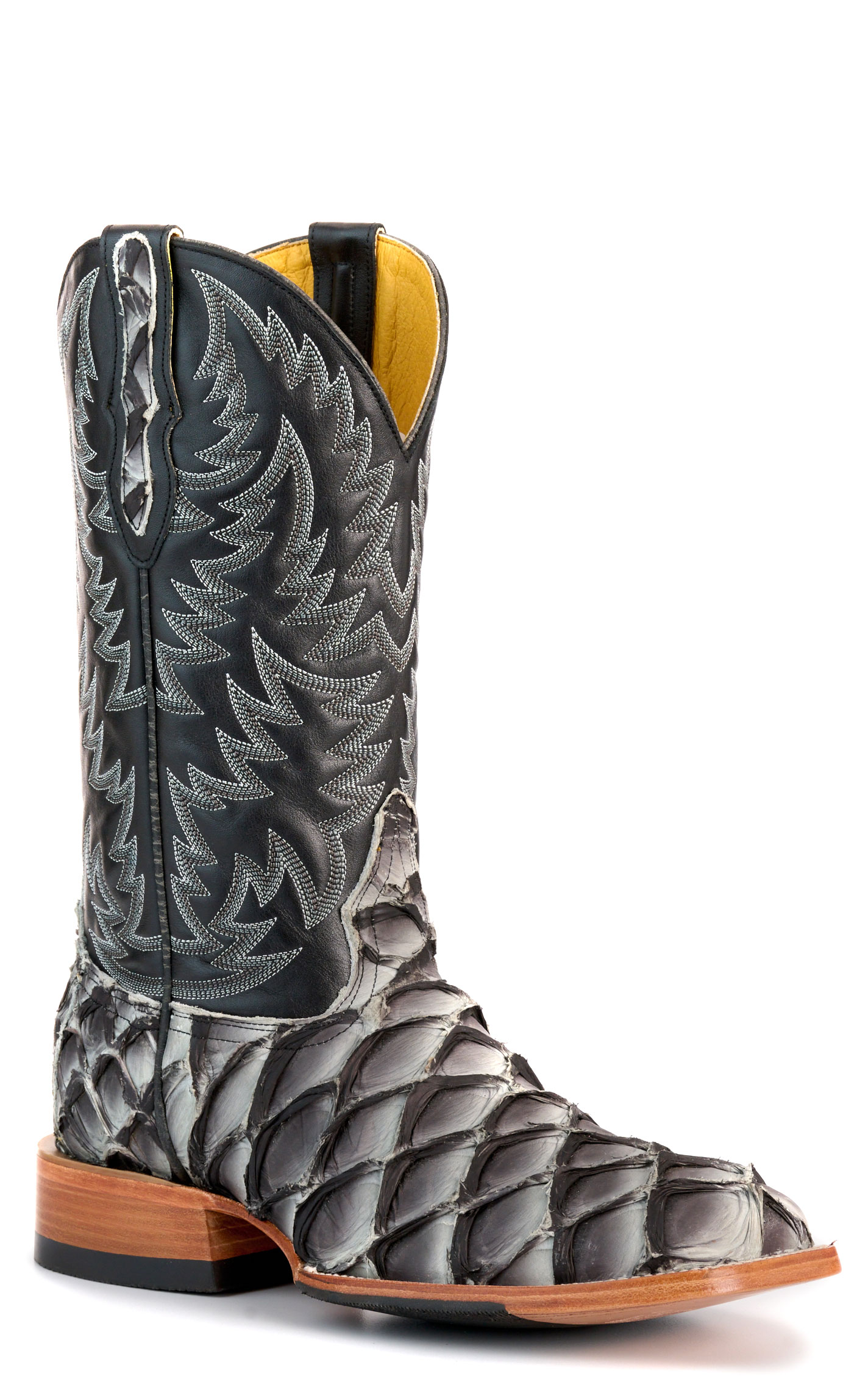 Cavender’s Men’s Gray Pirarucu and Black Wide Square Toe Exotic Cowboy Boots - Image 1