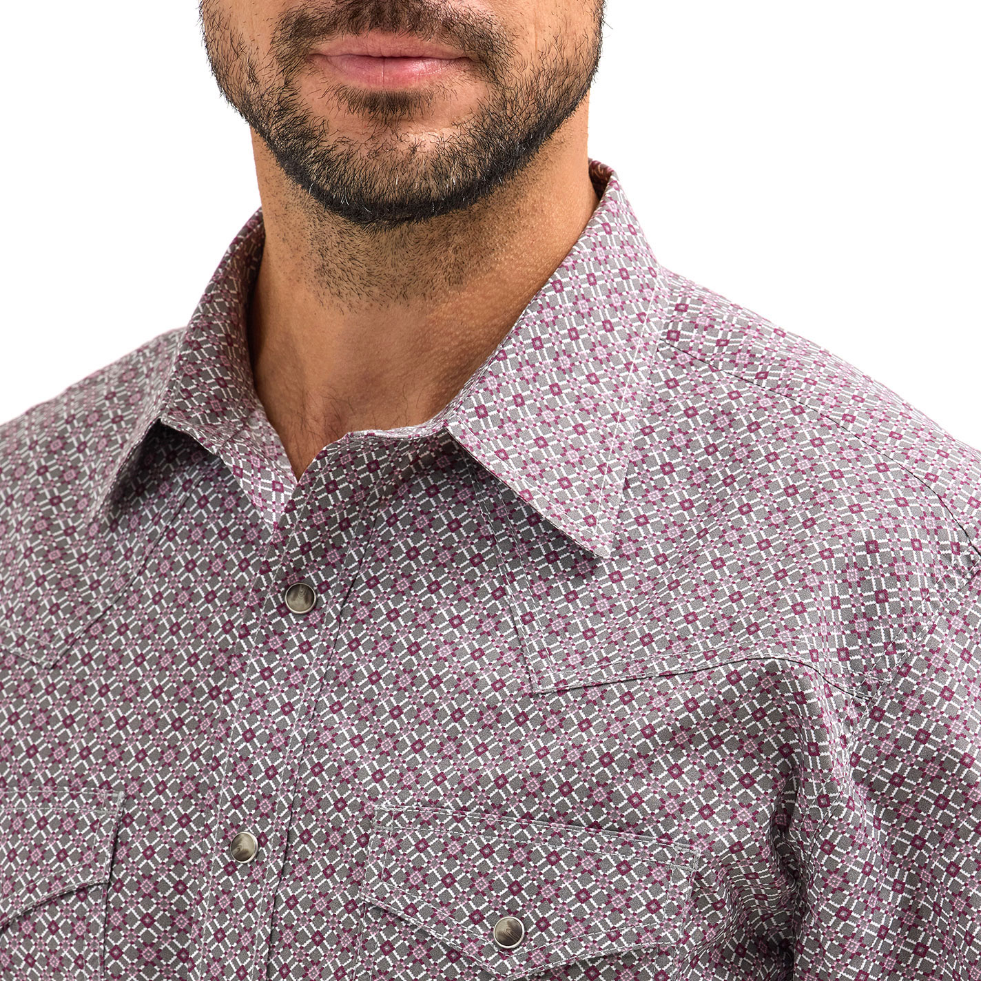 Wrangler Men's 20X Gray & Burgundy Geo Print Western Shirt - Image 1