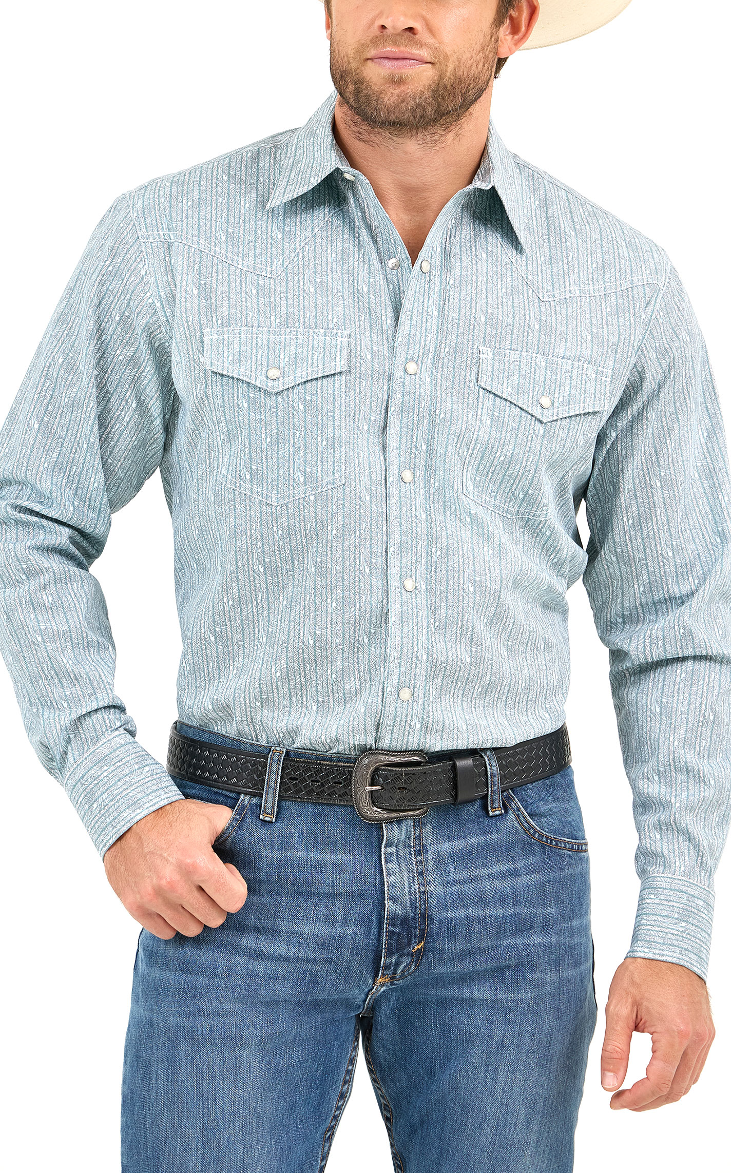 Wrangler Men's 20X Sea Green Paisley Striped Western Shirt - Image 1