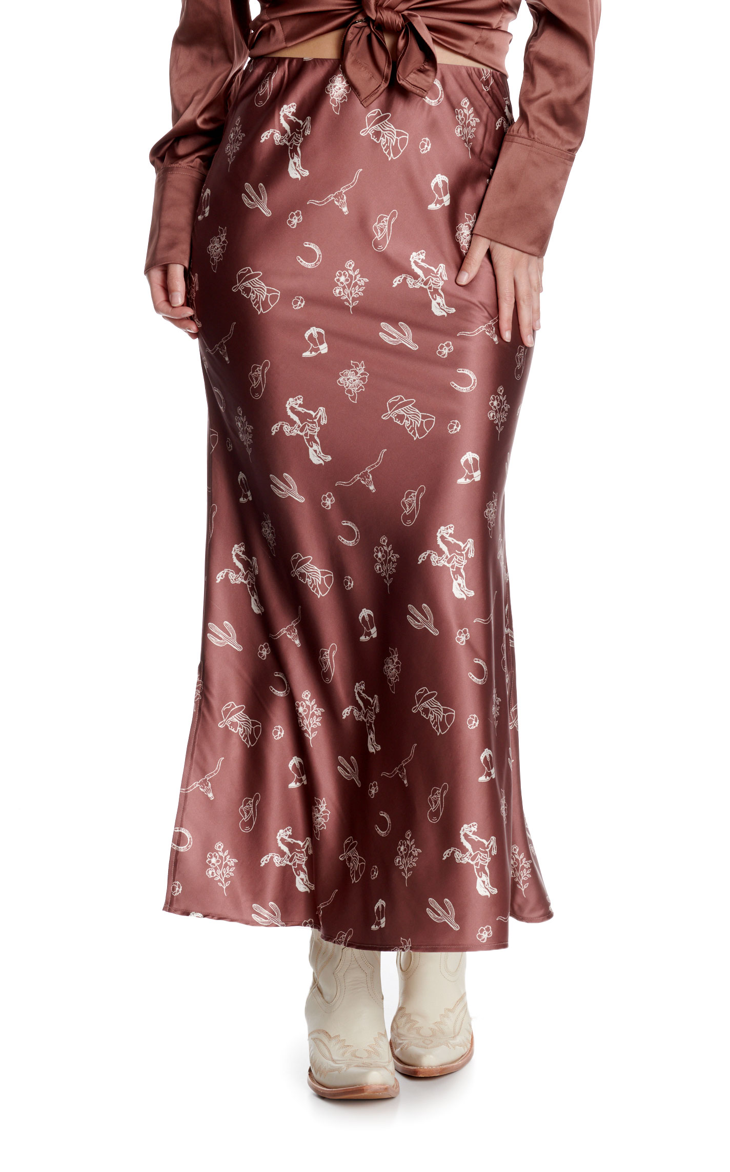 Rockin' C Women's Brown & White Western Print Maxi Skirt - Image 1