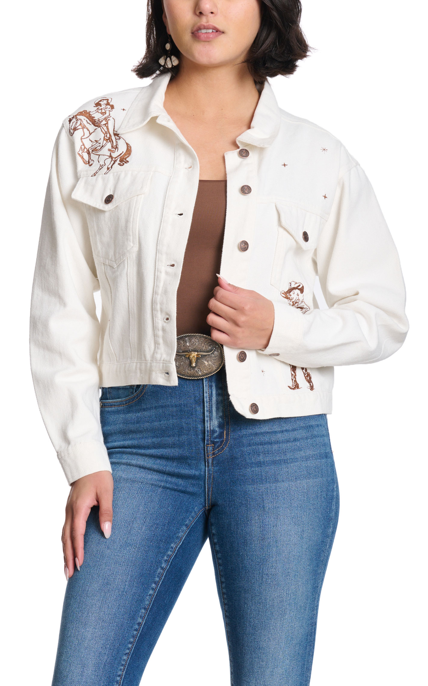 Rockin C Women's Off-White Embroidered Denim Jacket - Image 1