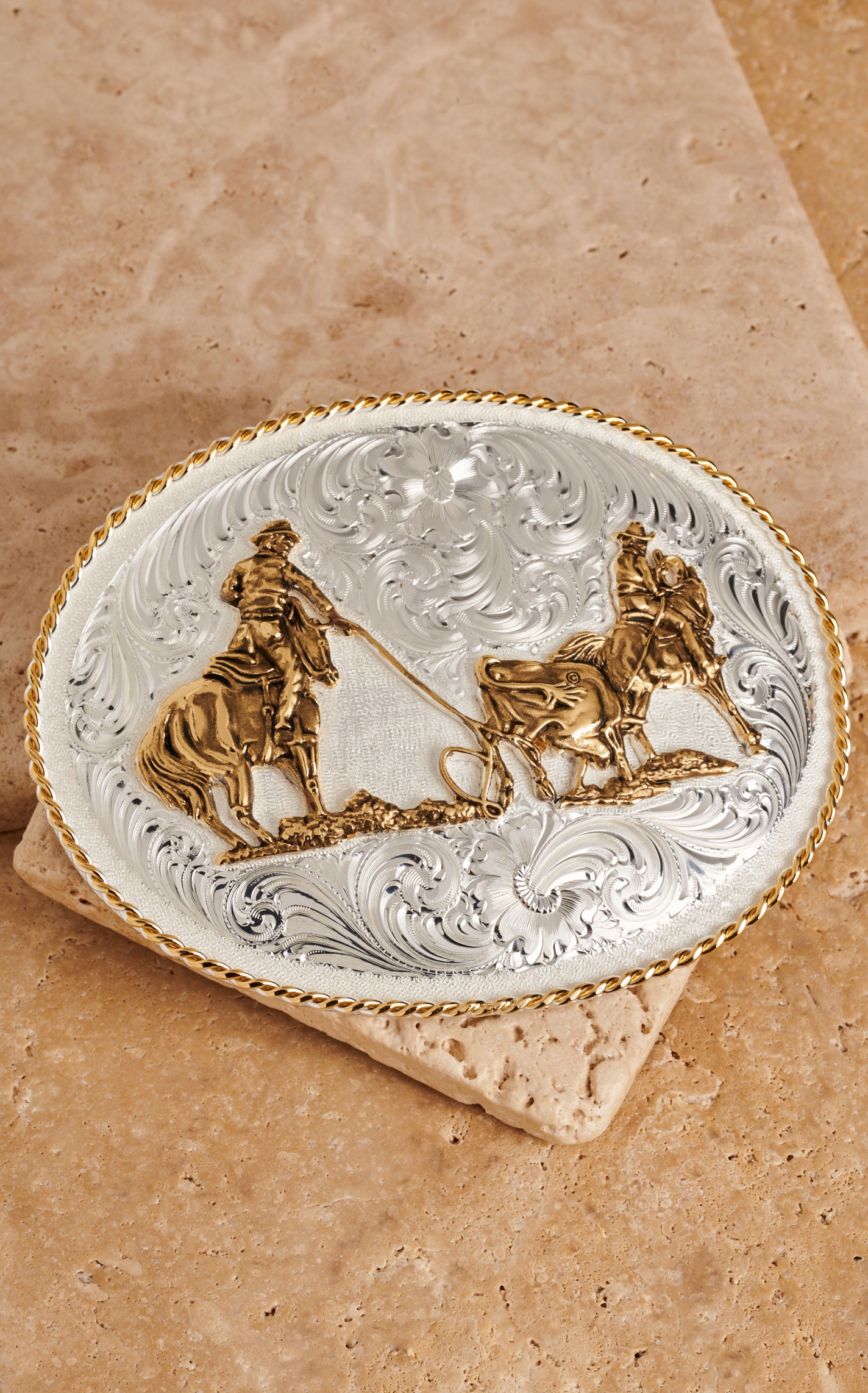 Montana Silversmiths Silver with Gold Team Roping Center Gold Rope Edge Belt Buckle - Image 1