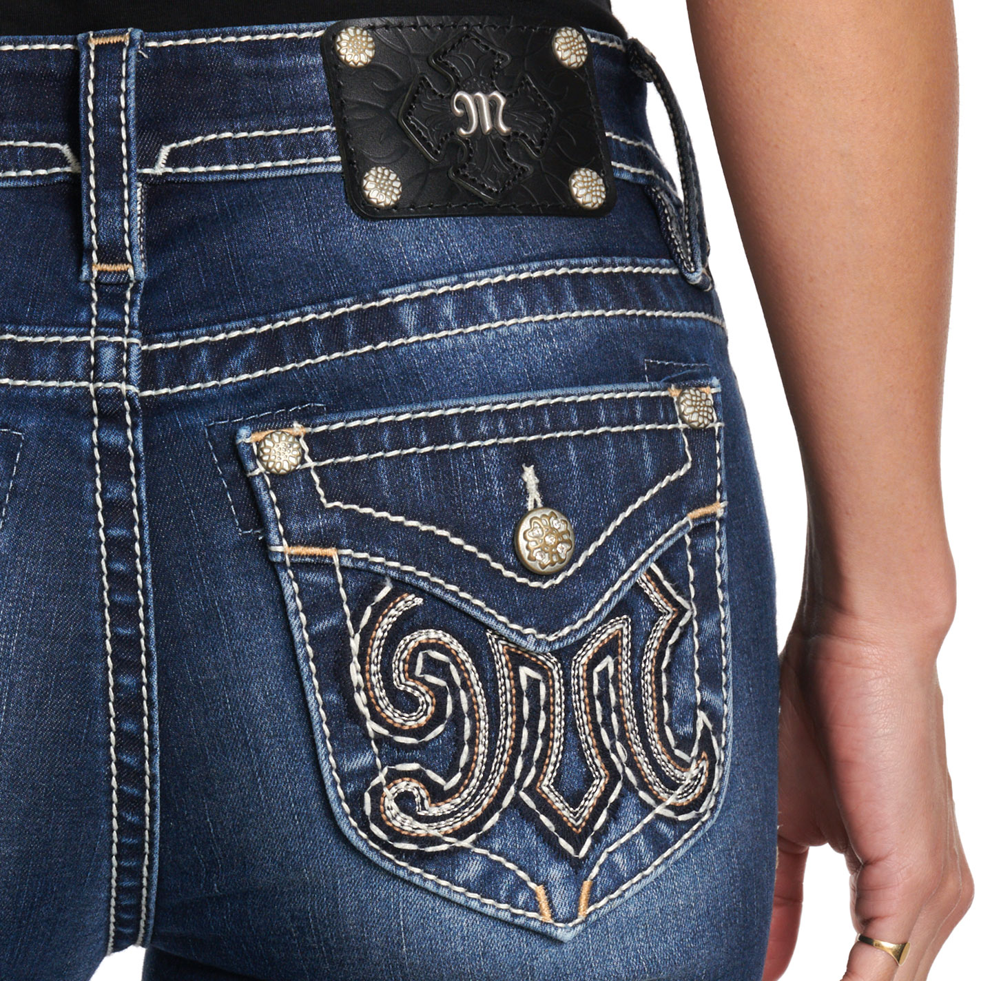 Miss Me Women’s Dark Wash Signature ‘M’ Flap Pocket 34” Bootcut Jeans - Image 1