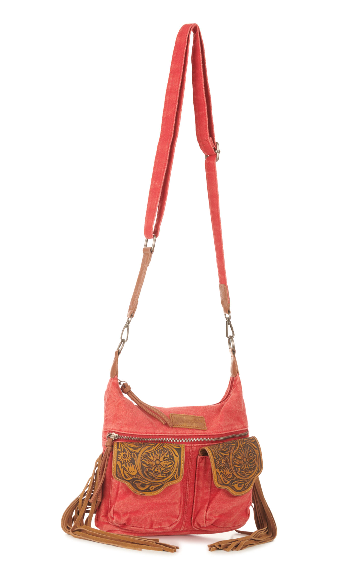 Wrangler Red Denim & Floral Tooled Leather Fringed Crossbody Bag - Image 1
