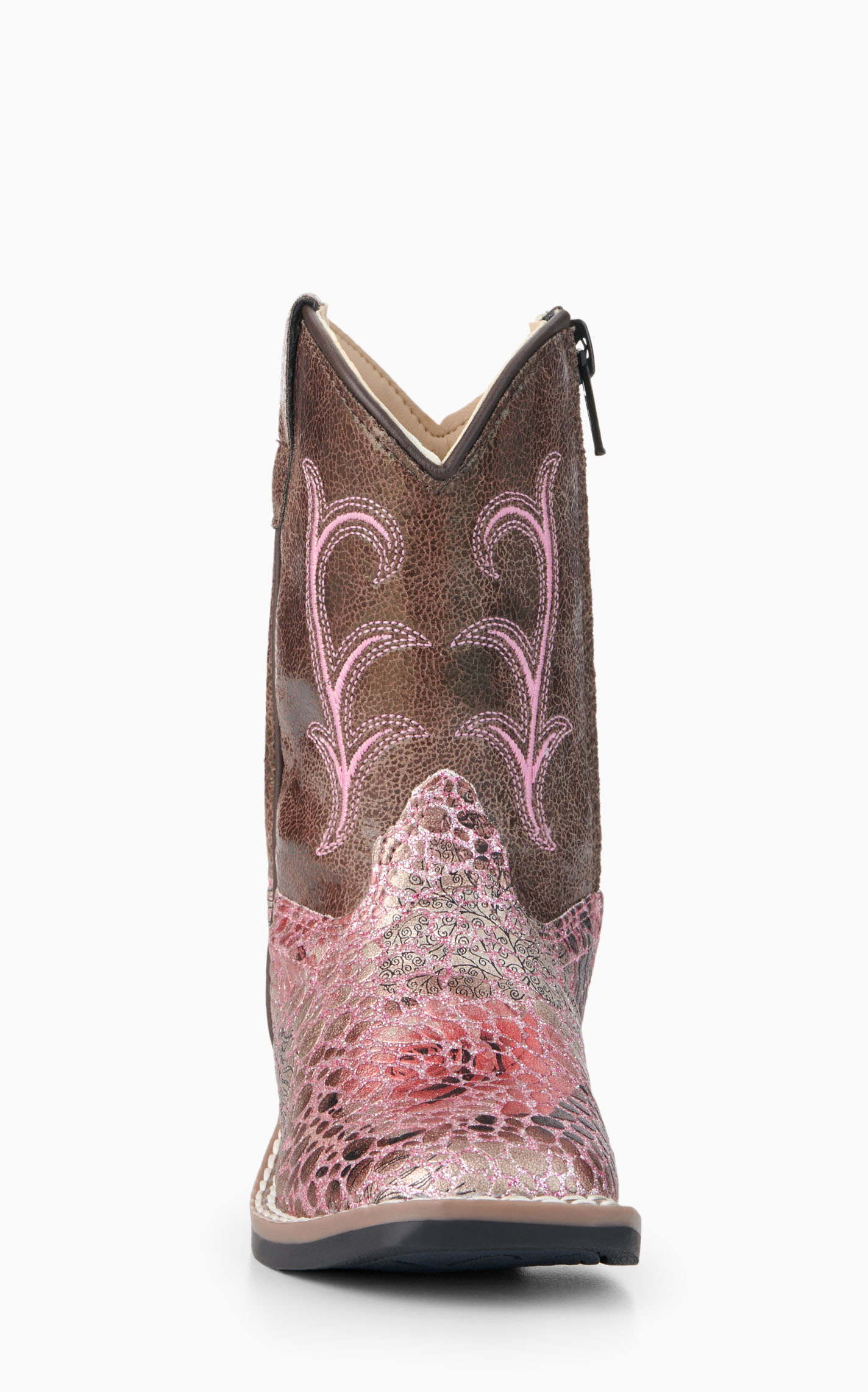 Old West Toddler Brown and Crackle Antique Pink Square Toe Cowboy Boots - Image 1