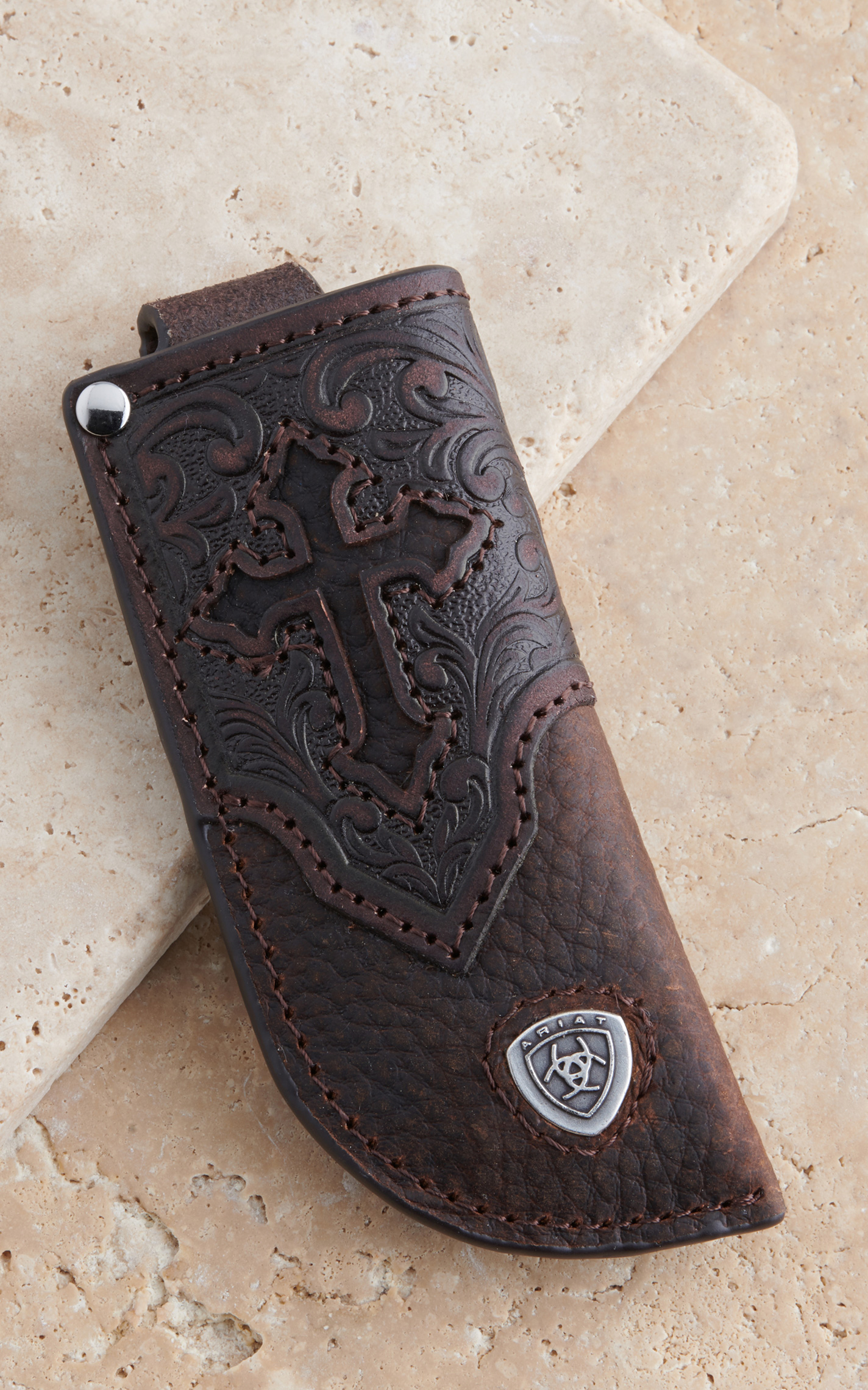 Ariat Dark Brown Leather Cross Embossed Knife Sheath - Image 1