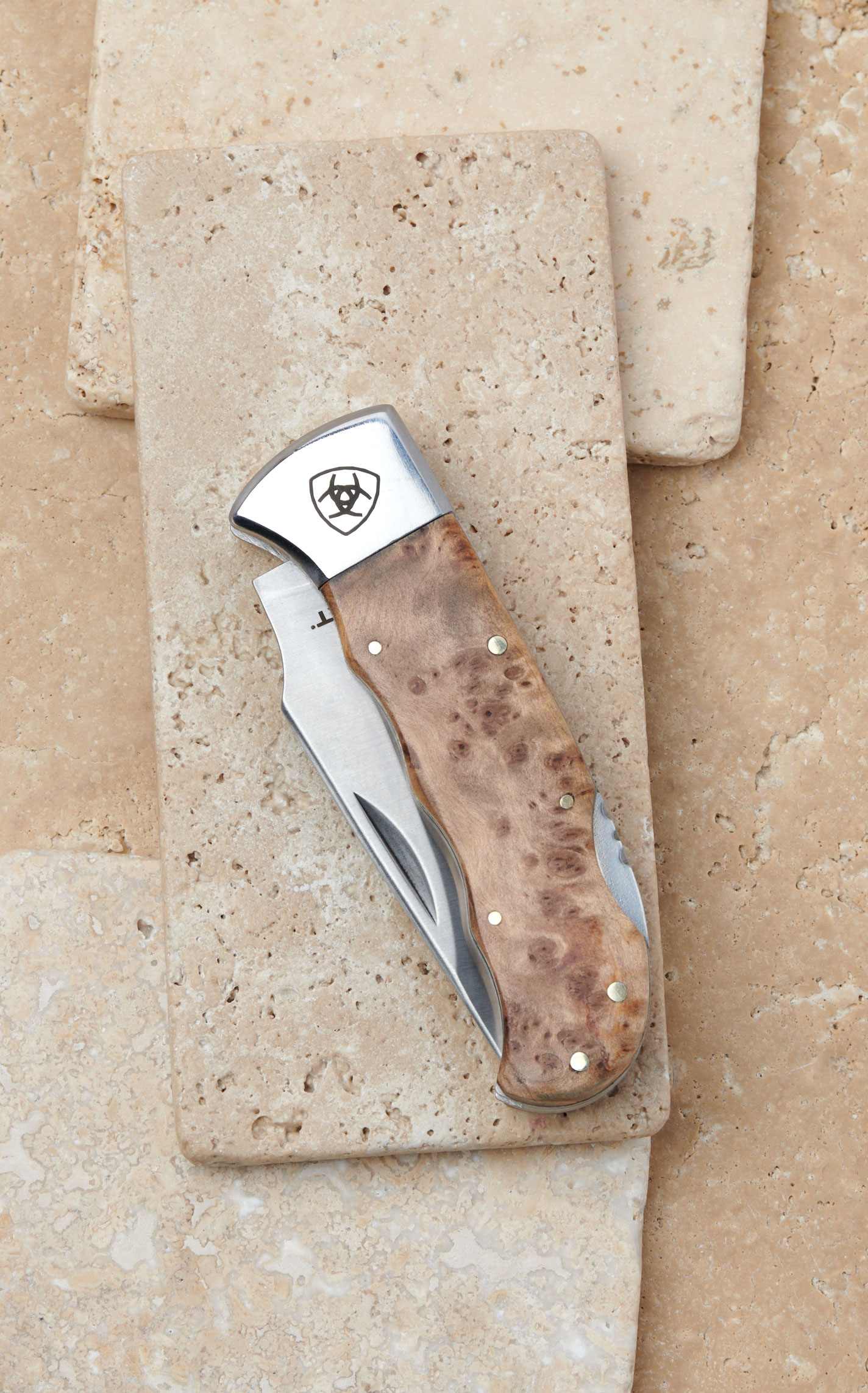Ariat Medium Single Smooth Blade Natural Burl Wood Handle Folding Knife - Image 2