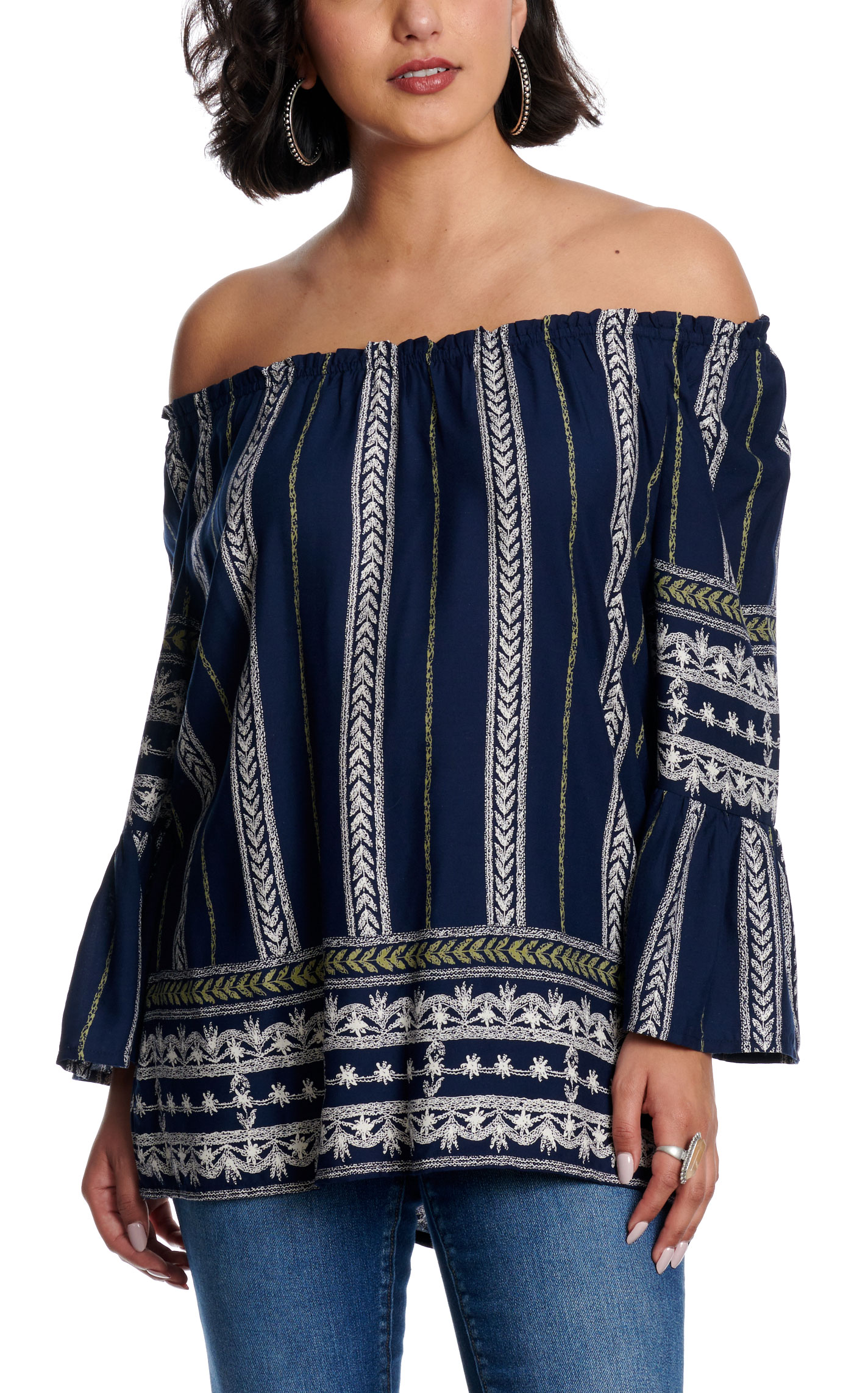 Magnolia Lane Women's Navy Bell Sleeve Border Print Top - Image 1