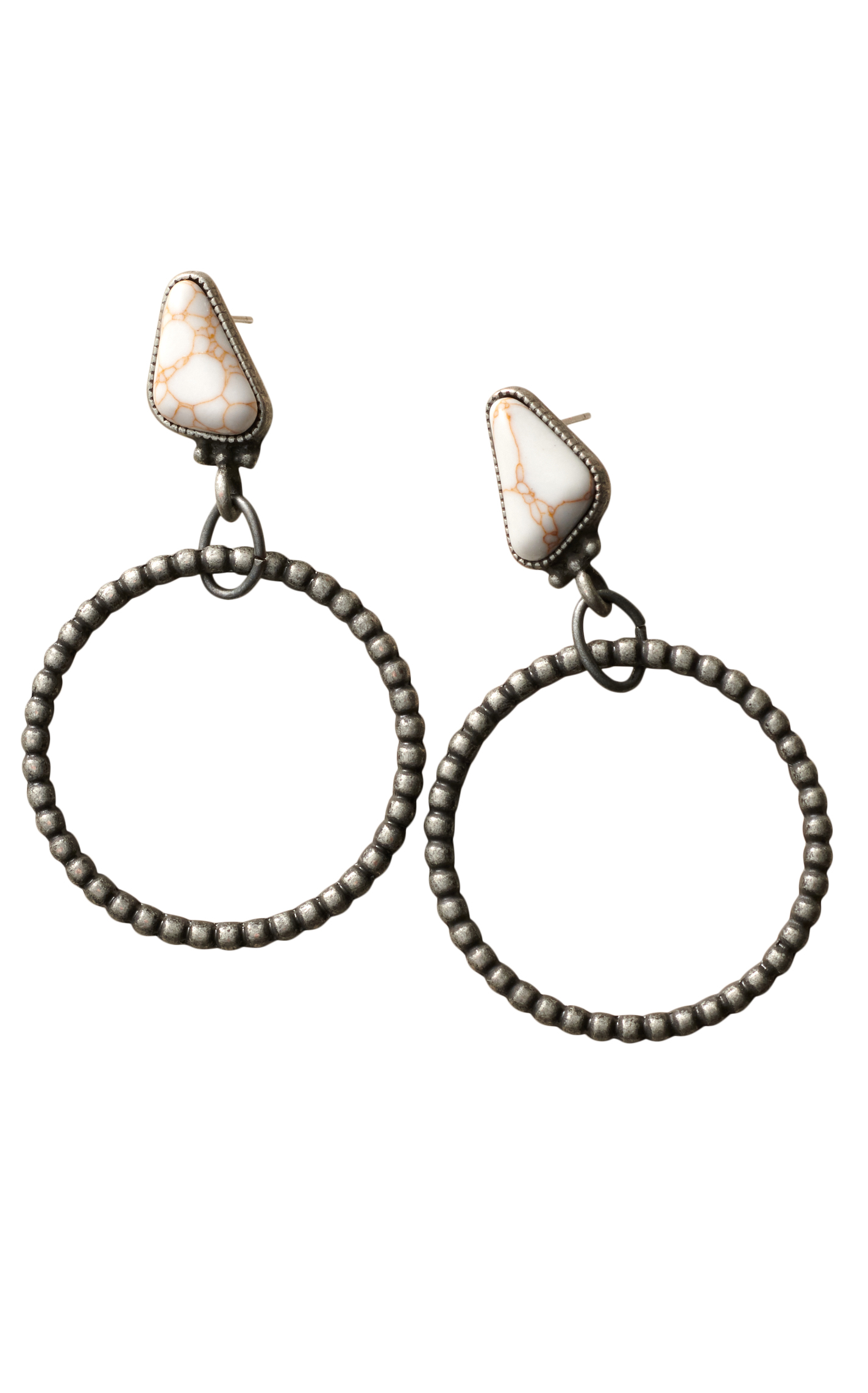 Rockin C Antique Silver Cream Stone Beaded Hoop Earrings - Image 1