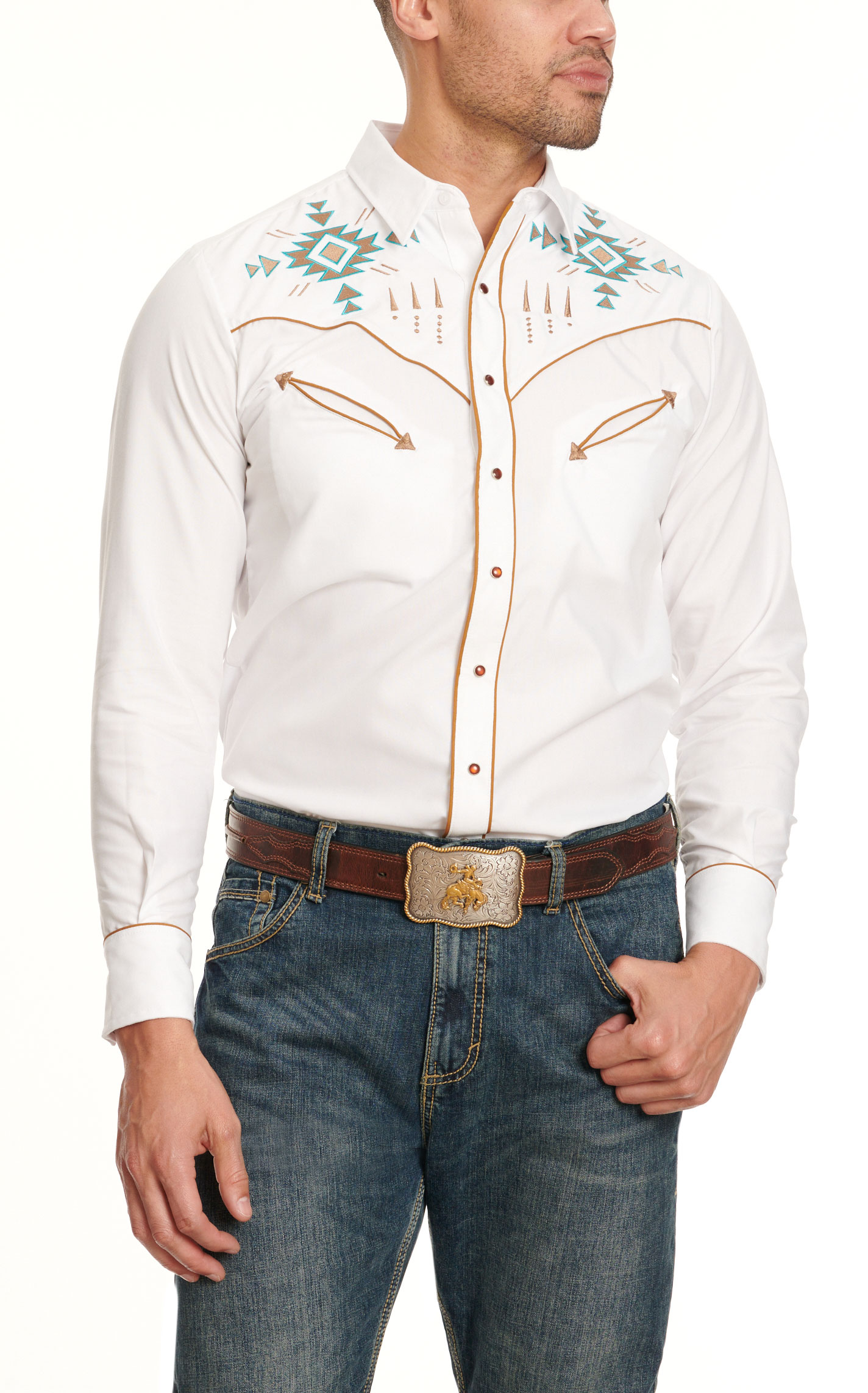 Ranger's Legend Men's White & Turquoise Antique Aztec Embroidery Long Sleeve Western Shirt - Image 1