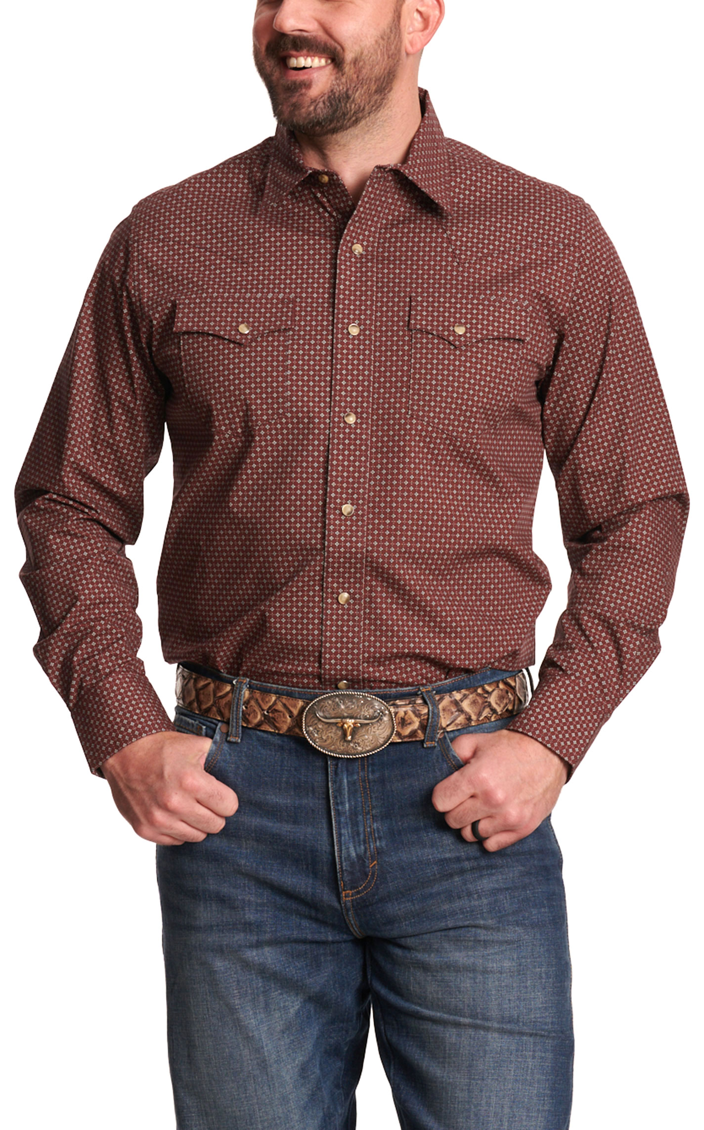 Wrangler Retro Men's Burgundy Geo Print Long Sleeve Western Shirt - Image 1
